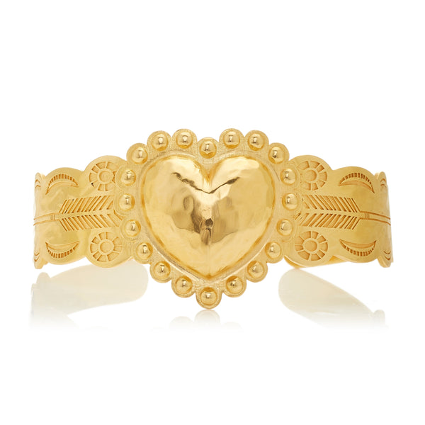 18k yellow gold handmade and hammered heart and arrow cuff by Christina Alexiou Tiny Gods