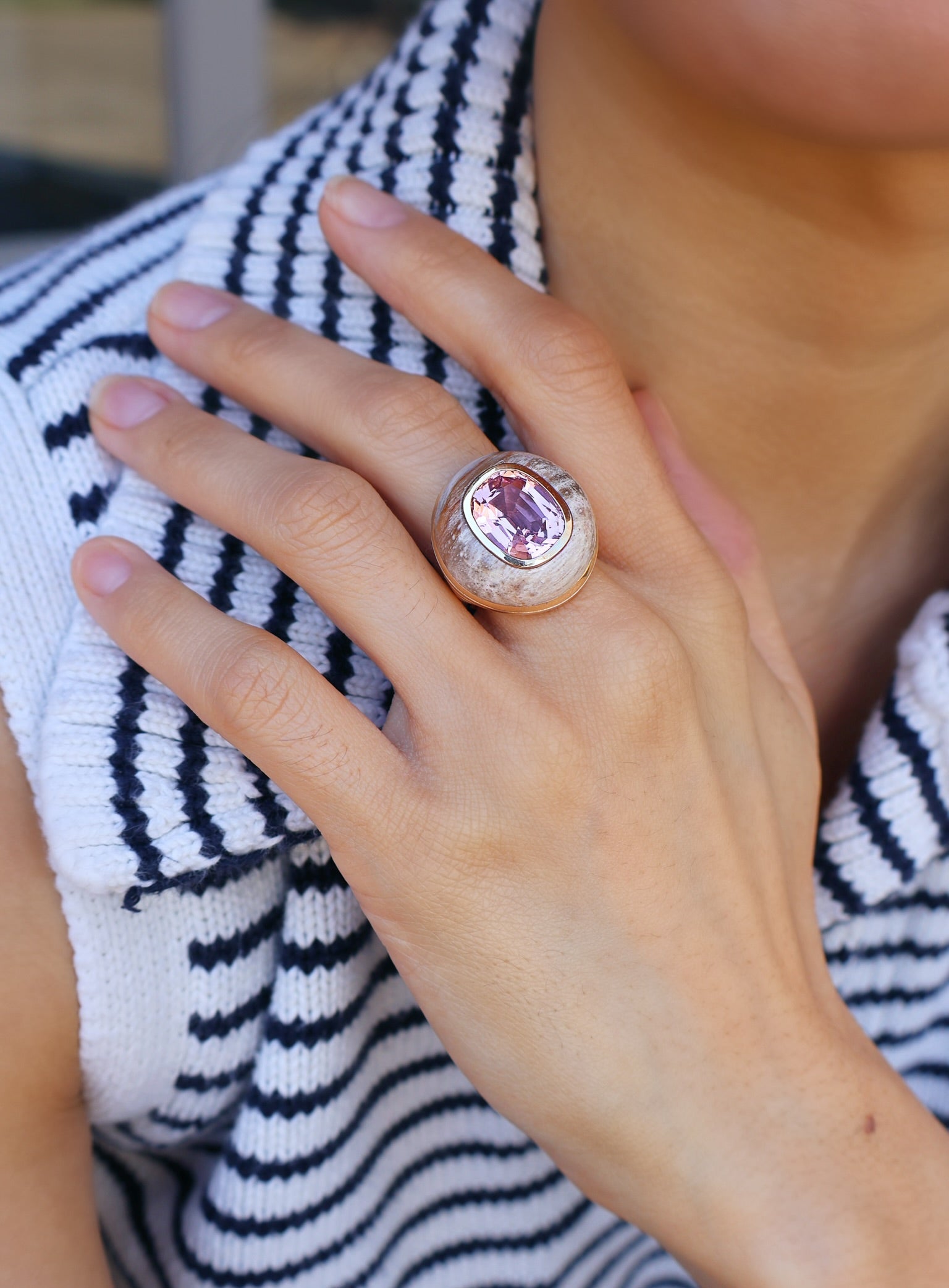 14k yellow gold hand carved petrified wood classic lollipop ring with cushion cut pink tourmaline by Retrouvai Tiny Gods 