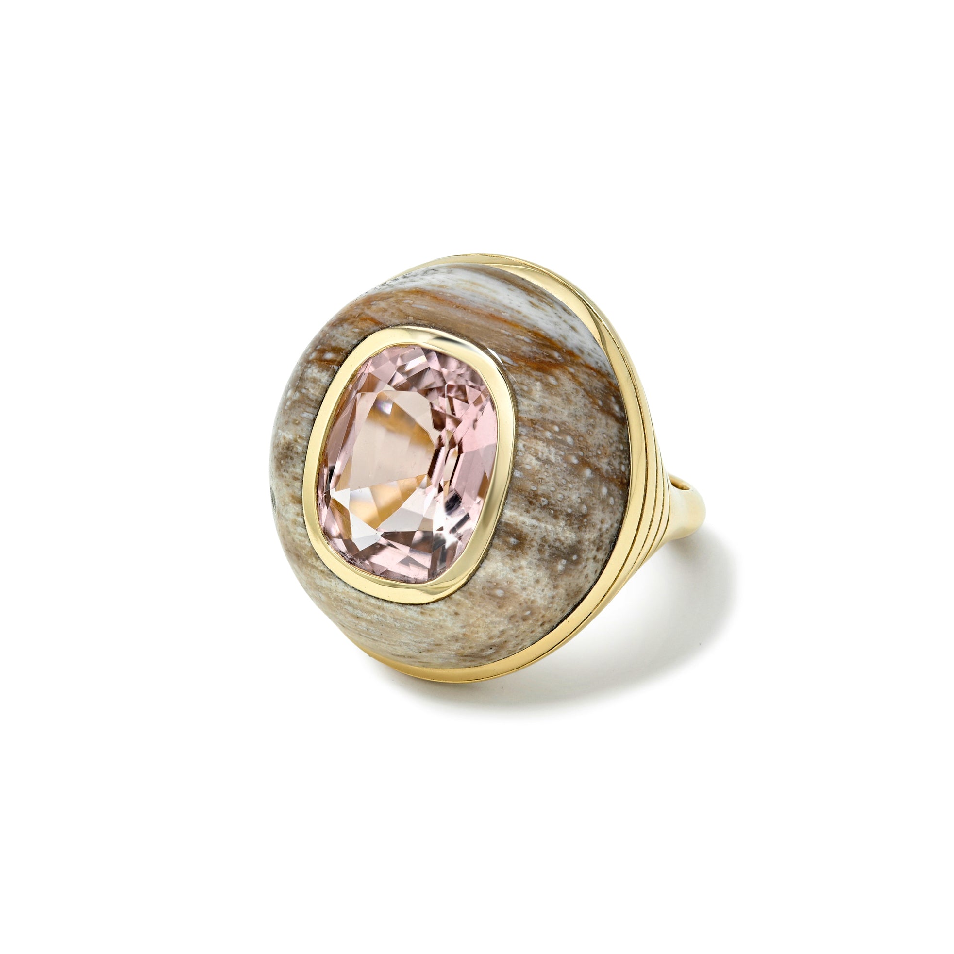 14k yellow gold hand carved petrified wood classic lollipop ring with cushion cut pink tourmaline by Retrouvai Tiny Gods 