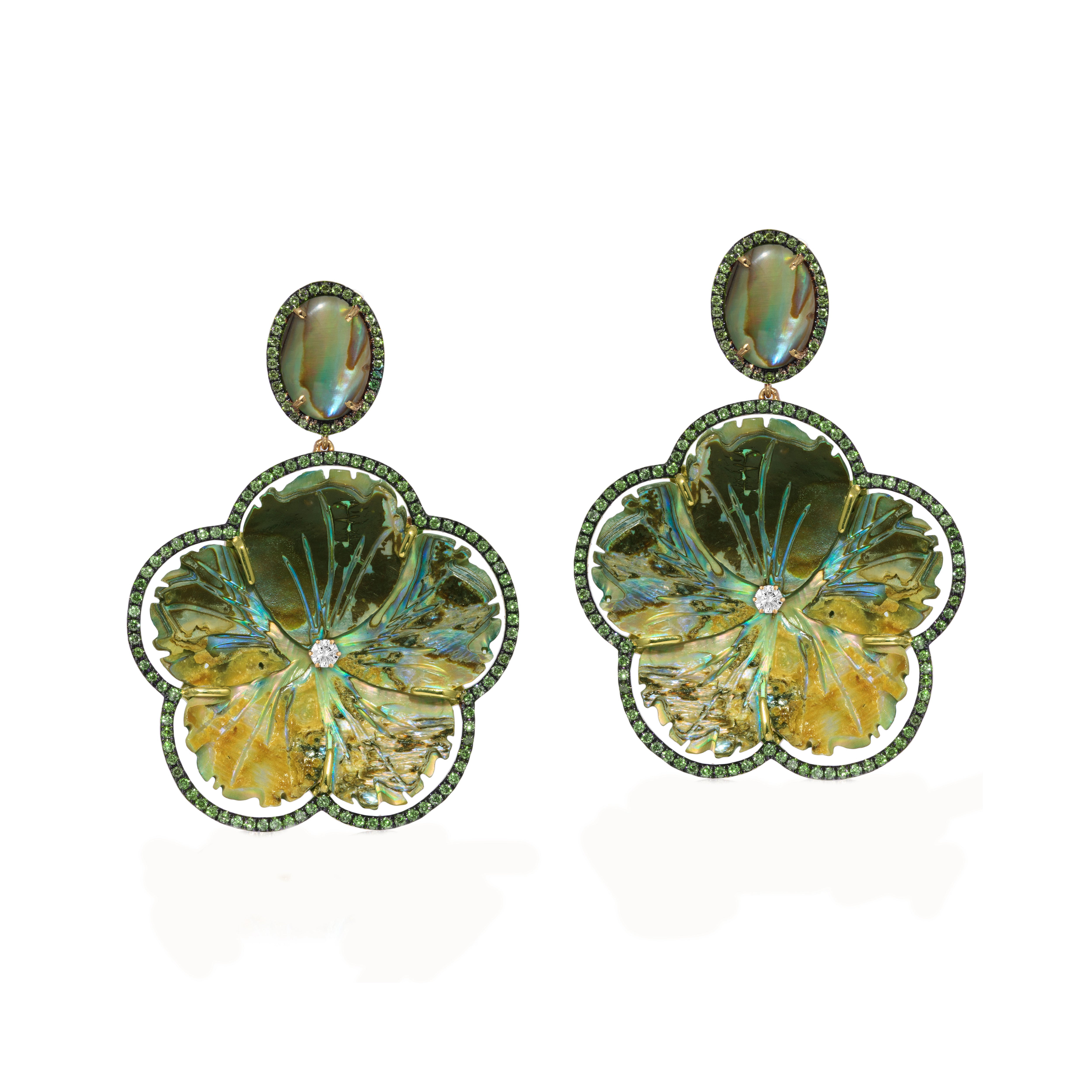 yellow gold innate mother of pearl abalone flower tsavorite diamond hanging earrings goshwara tiny gods 
