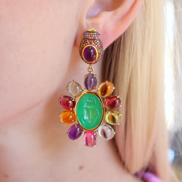 18k yellow gold carved intaglio scarab beetle earrings with multicolored gemstones, yellow byre, chrysoprase, amethyst, aquamarine, sapphire by Daniela Villegas Tiny Gods