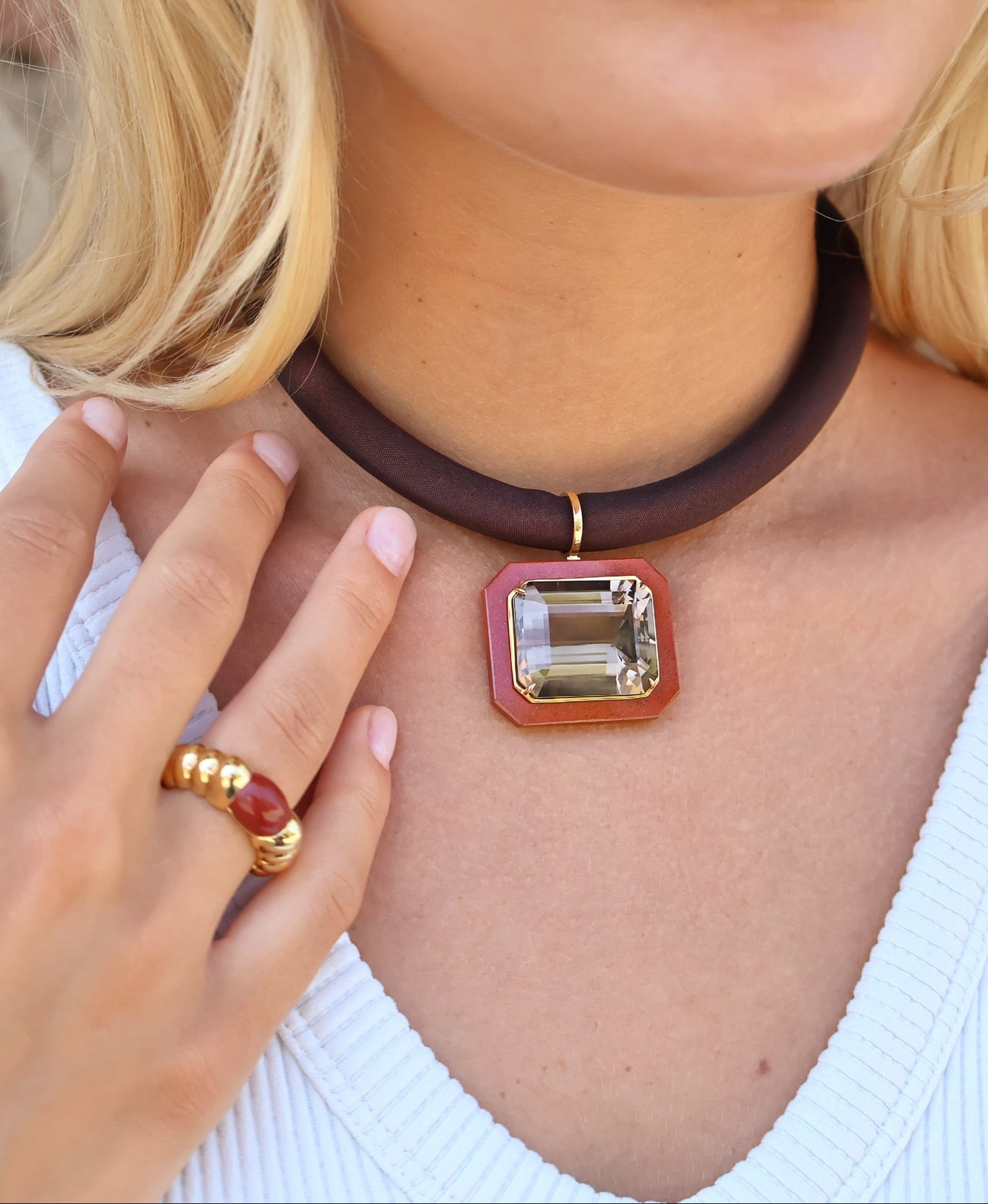 yellow gold jasper frames red smokey quartz choker pendant necklace sauer tiny gods