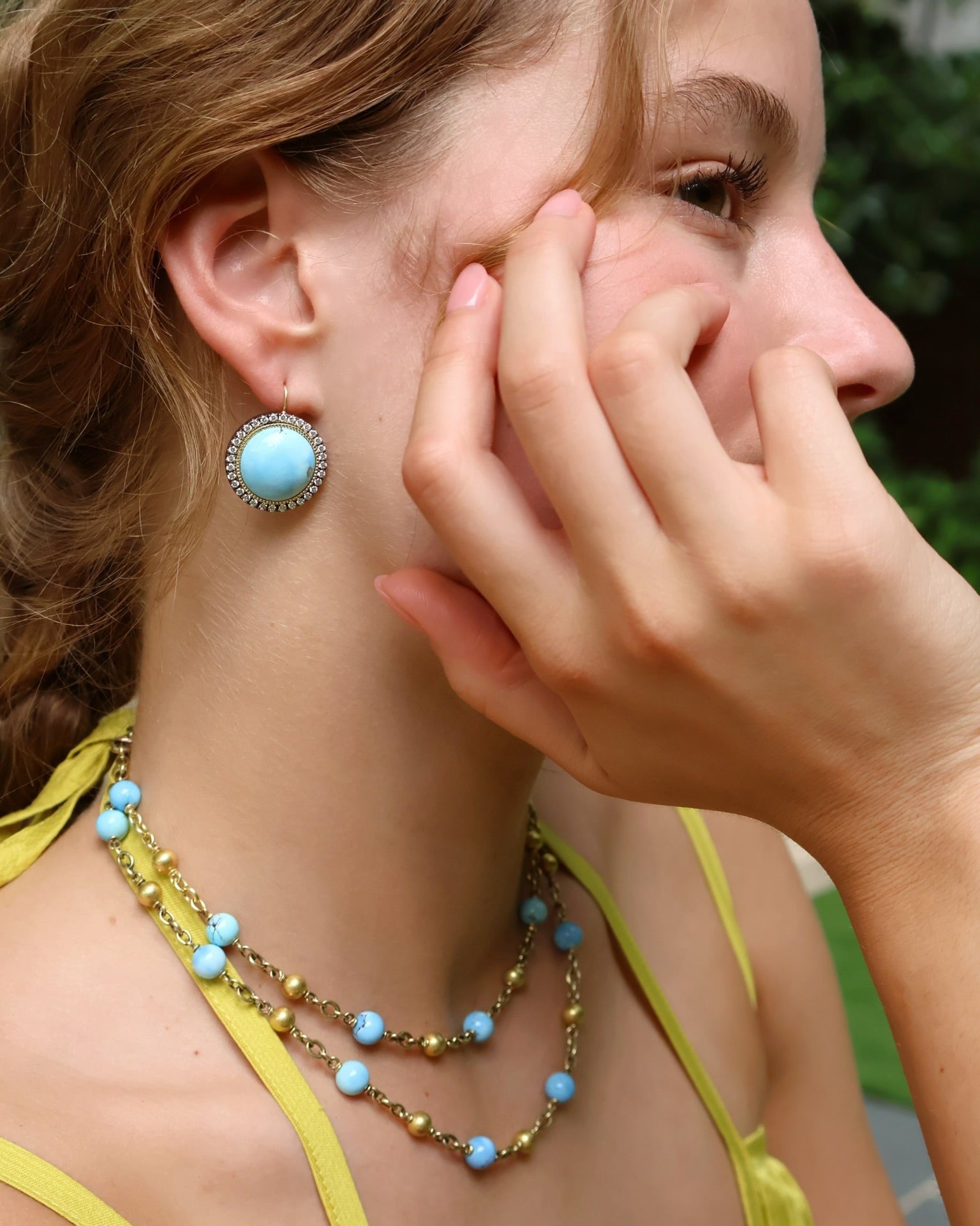 18k yellow gold round khazakhastan turquoise cabochon diamond pave border earring by Sylva & Cie tiny gods