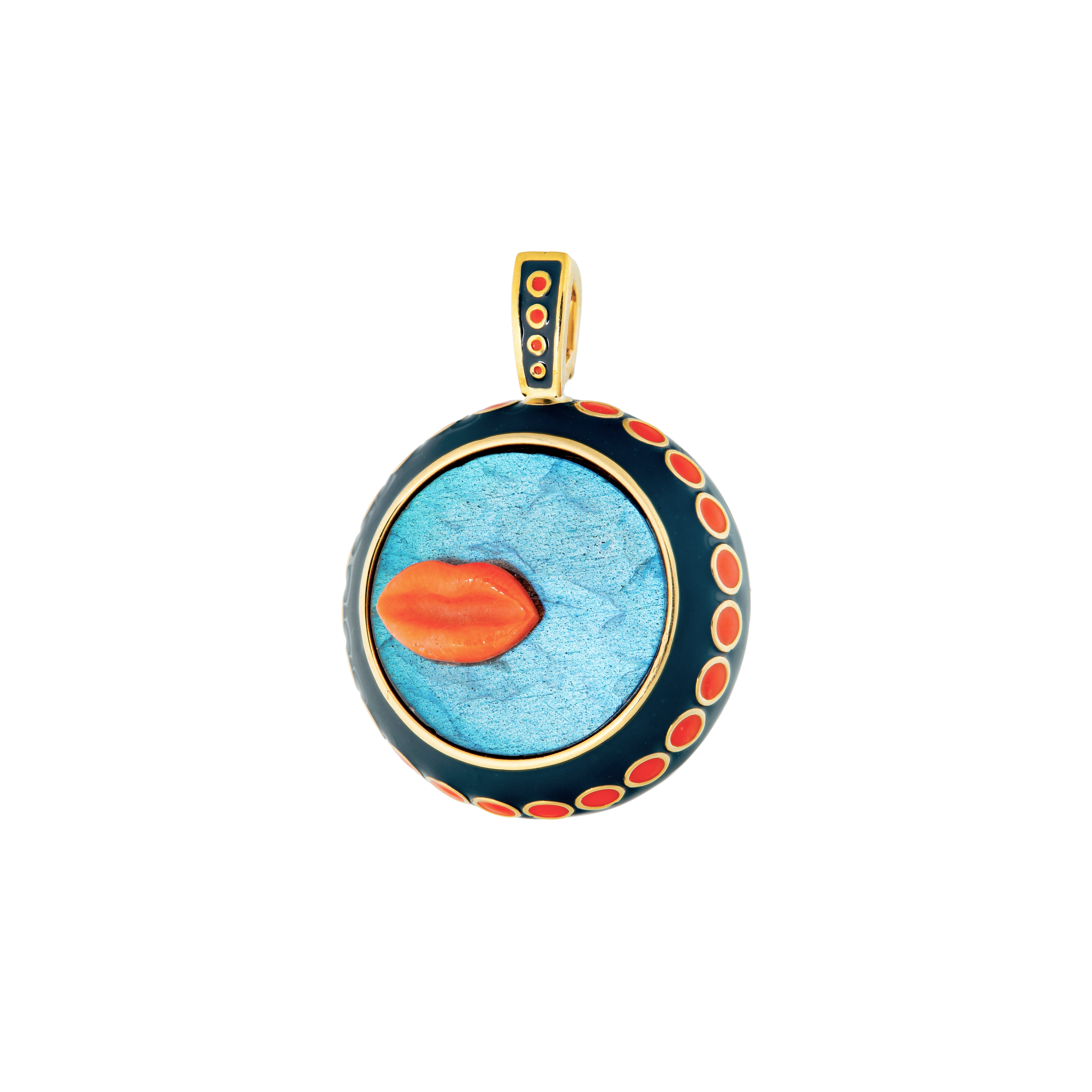 18k yellow gold labradorite round pendant with cared vintage coral lip accent and blue and orange enamel dot motif by Guita M Tiny Gods 