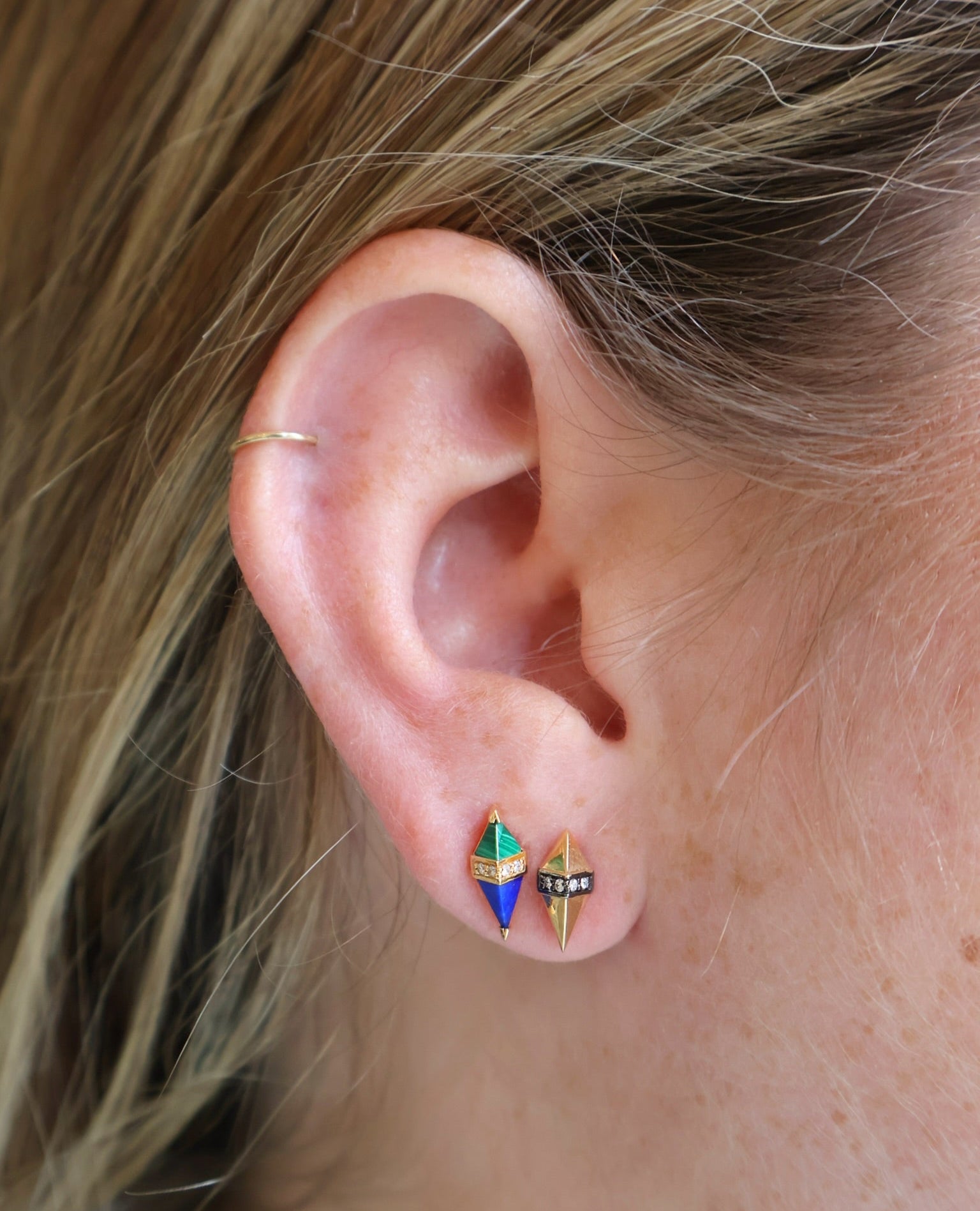  18k yellow gold pietra studs with malachite, lapis and diamonds by Sorellina Tiny Gods
