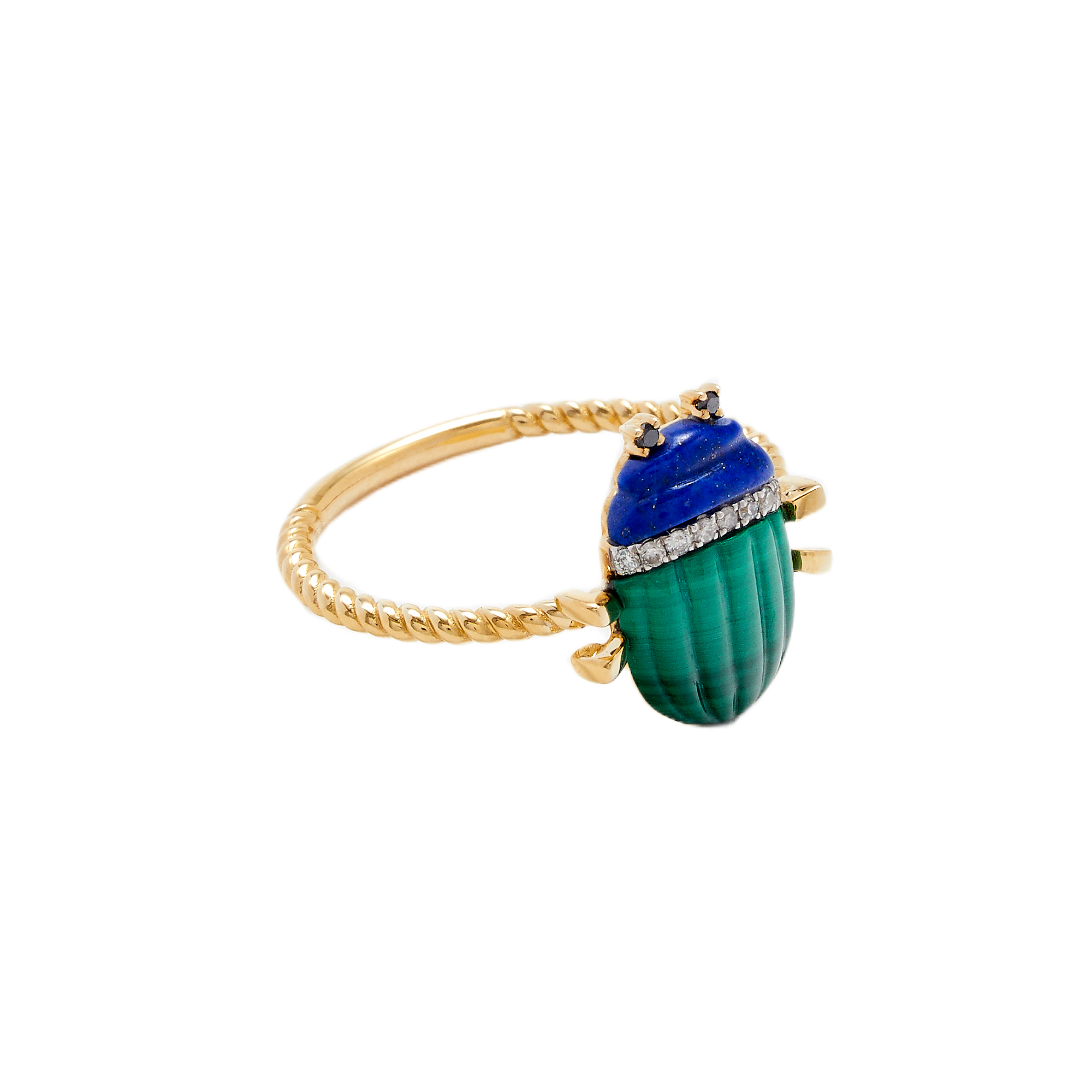 14k yellow gold carved lapis and malachite diamond scarab ring by Yvonne Leon Tiny Gods 