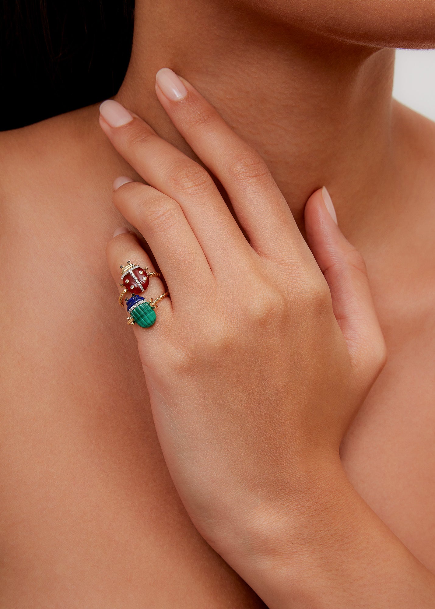 14k yellow gold carved lapis and malachite diamond scarab ring by Yvonne Leon Tiny Gods 