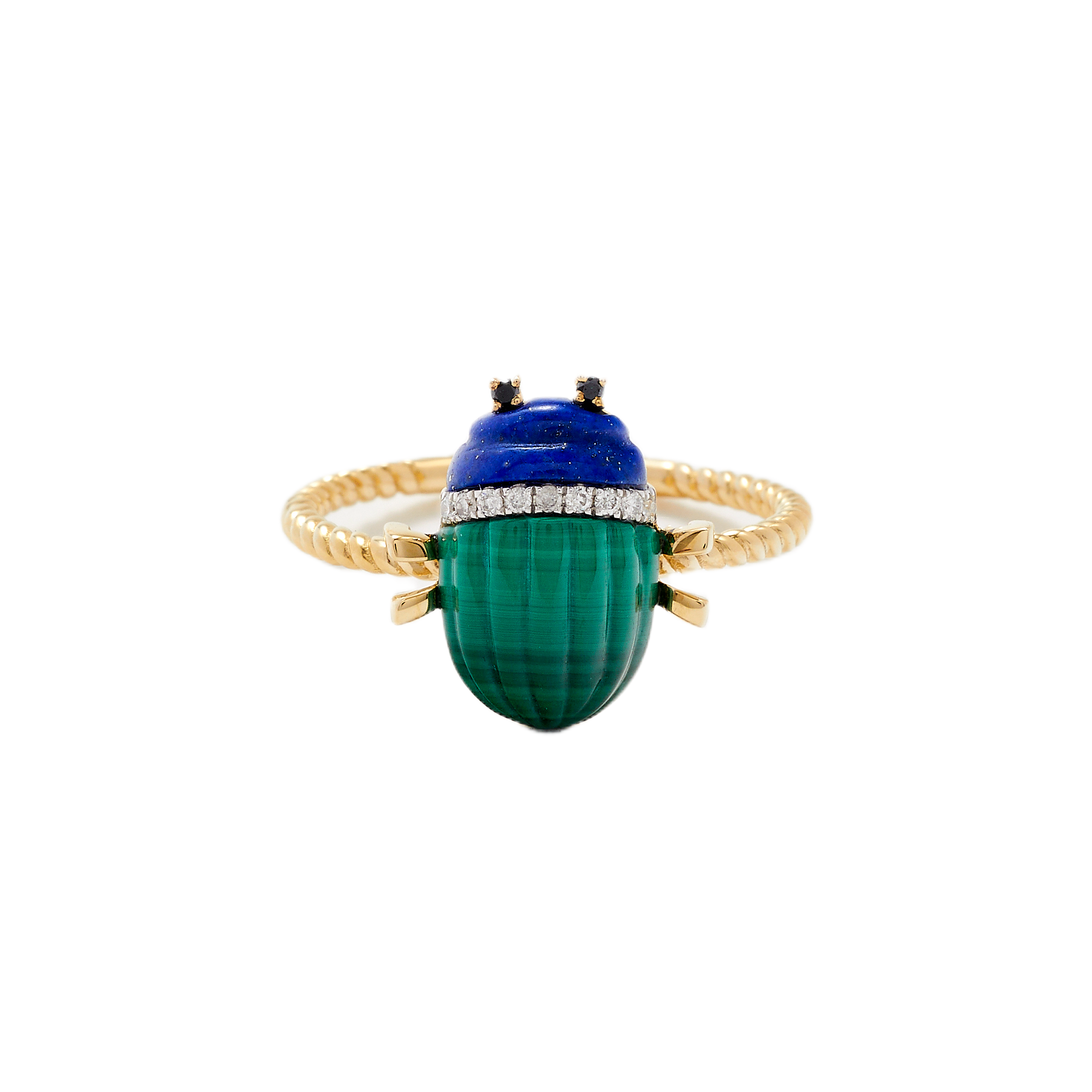 14k yellow gold carved lapis and malachite diamond scarab ring by Yvonne Leon Tiny Gods 