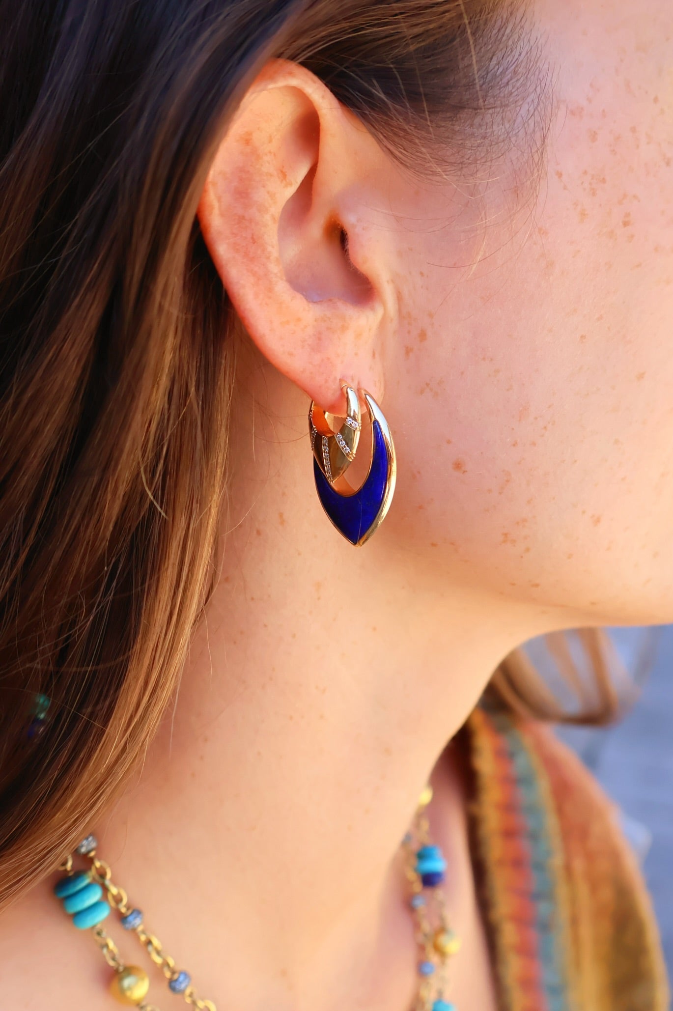 18k yellow gold lapis inlay stardust earrings guitar pick by Sorellina Tiny Gods
