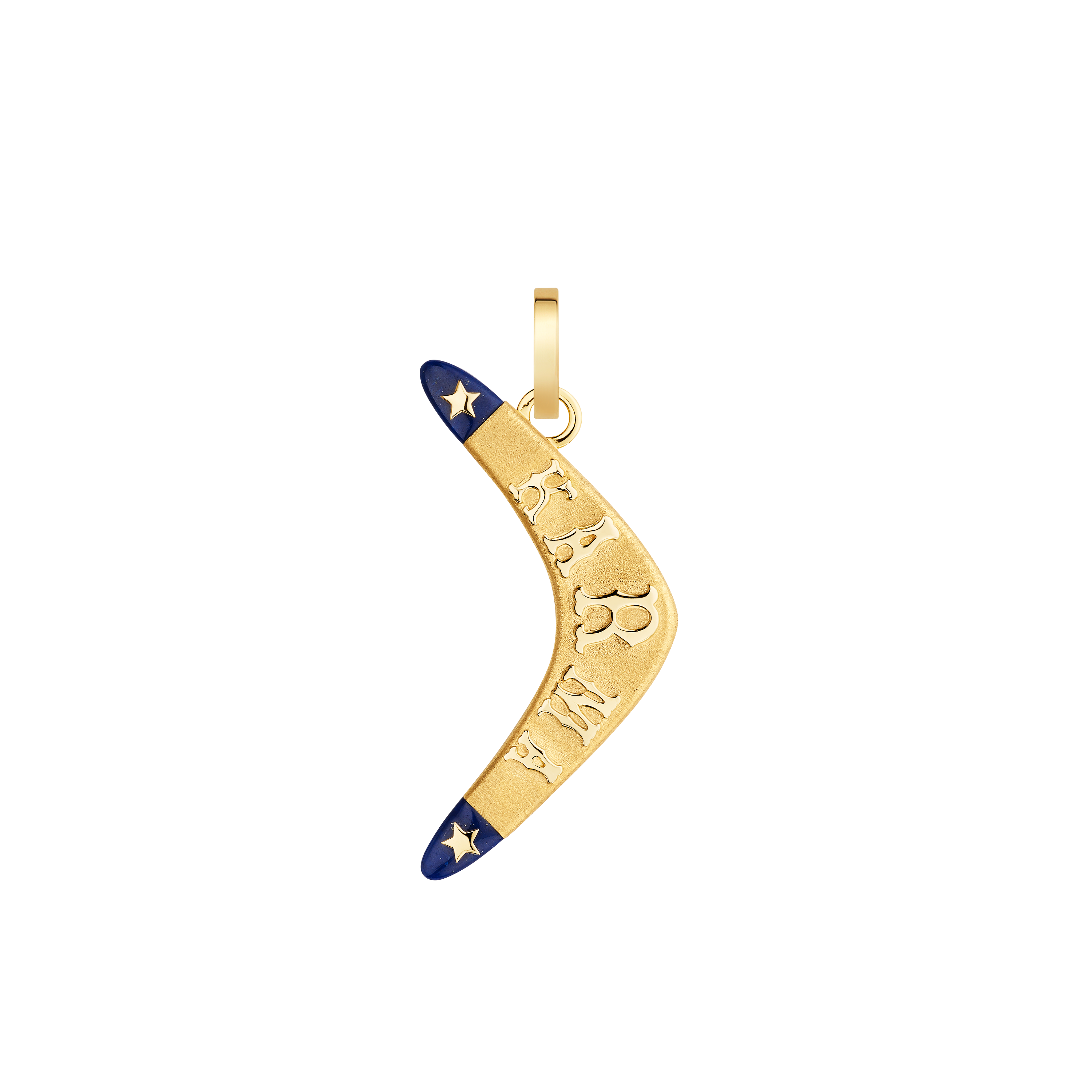 18k yellow gold and lapis karma boomerang pendant charm by Marie Lichtenberg Tiny Gods 