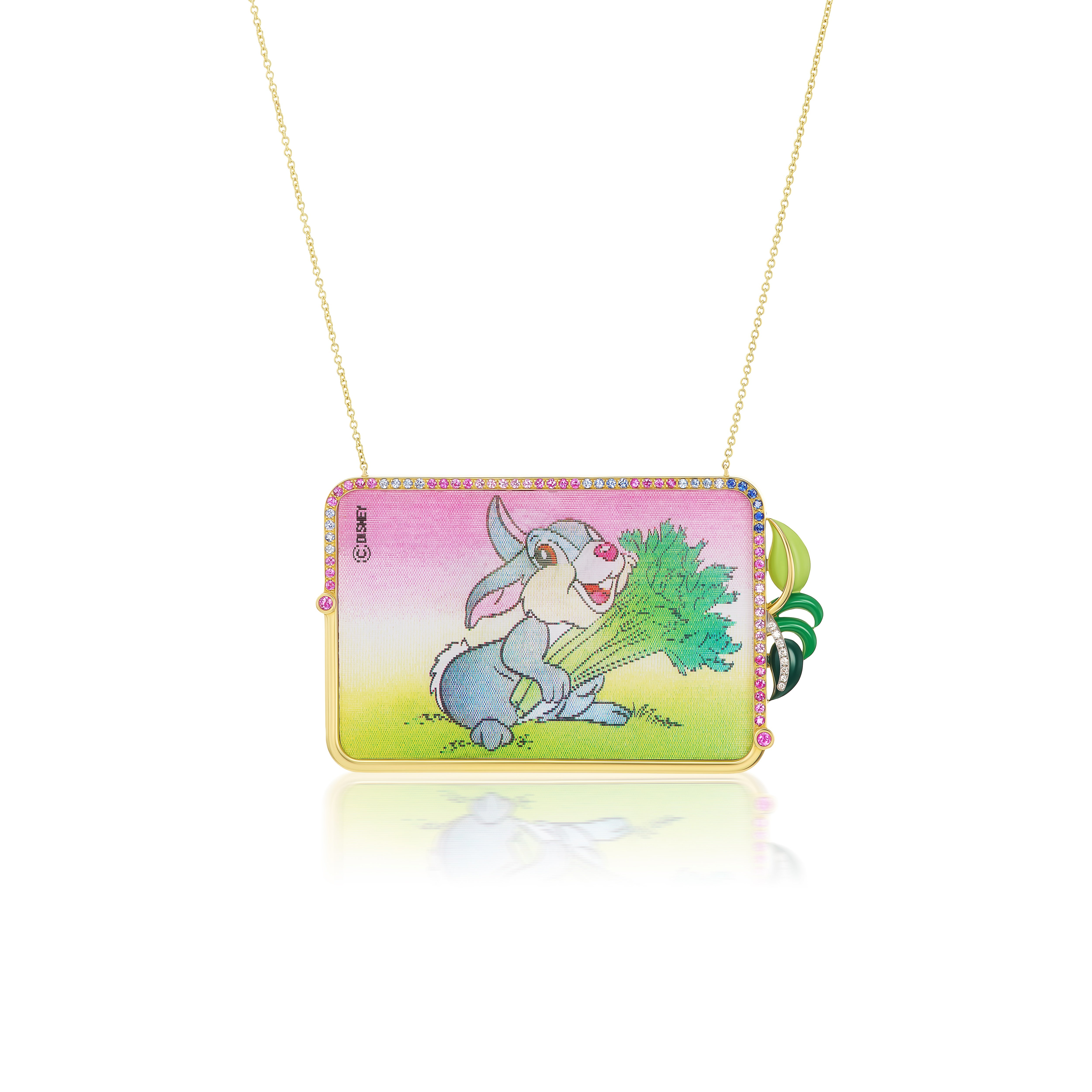18k Yellow gold lenticular bunny thumper bambi disney rectangular pendant necklace by Francesca Villa and Tiny Gods