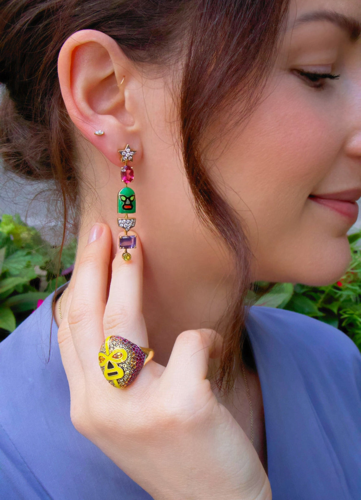 Yellow gold Luchadores hurricane long wrestler dangle star earrings in pink, purple, green by Francesca Villa, Tiny Gods