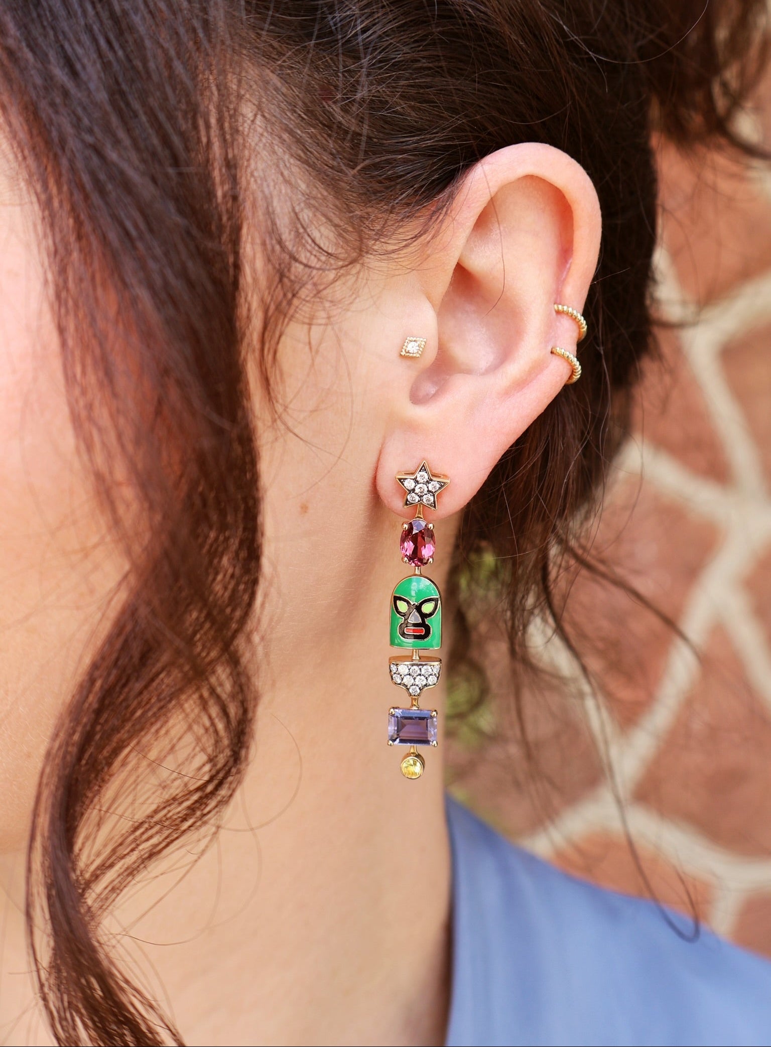 Yellow gold Luchadores hurricaine long wrestler dangle star earrings in pink, purple, green by Francesca Villa, Tiny Gods