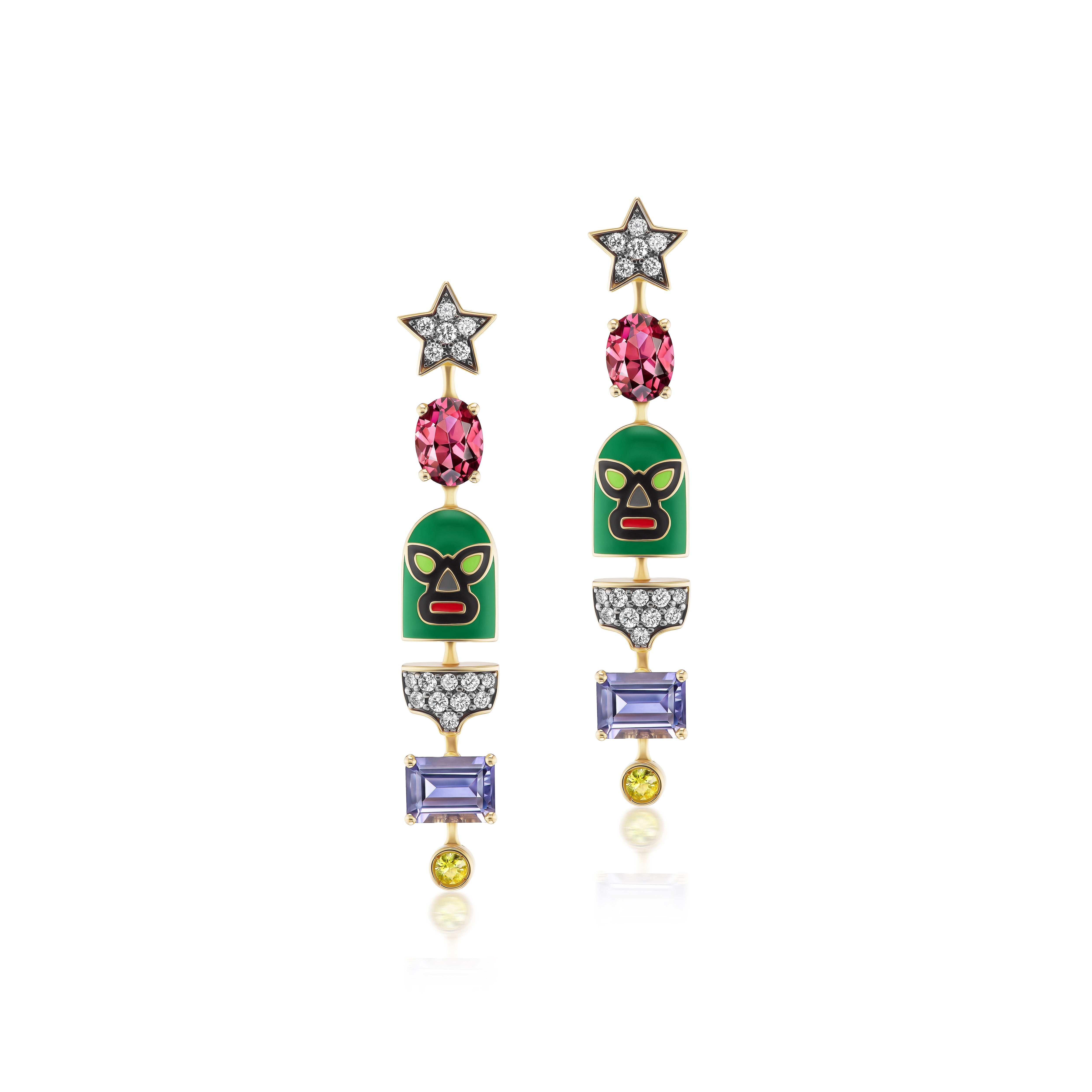 Yellow gold Luchadores hurricaine long wrestler dangle star earrings in pink, purple, green by Francesca Villa, Tiny Gods