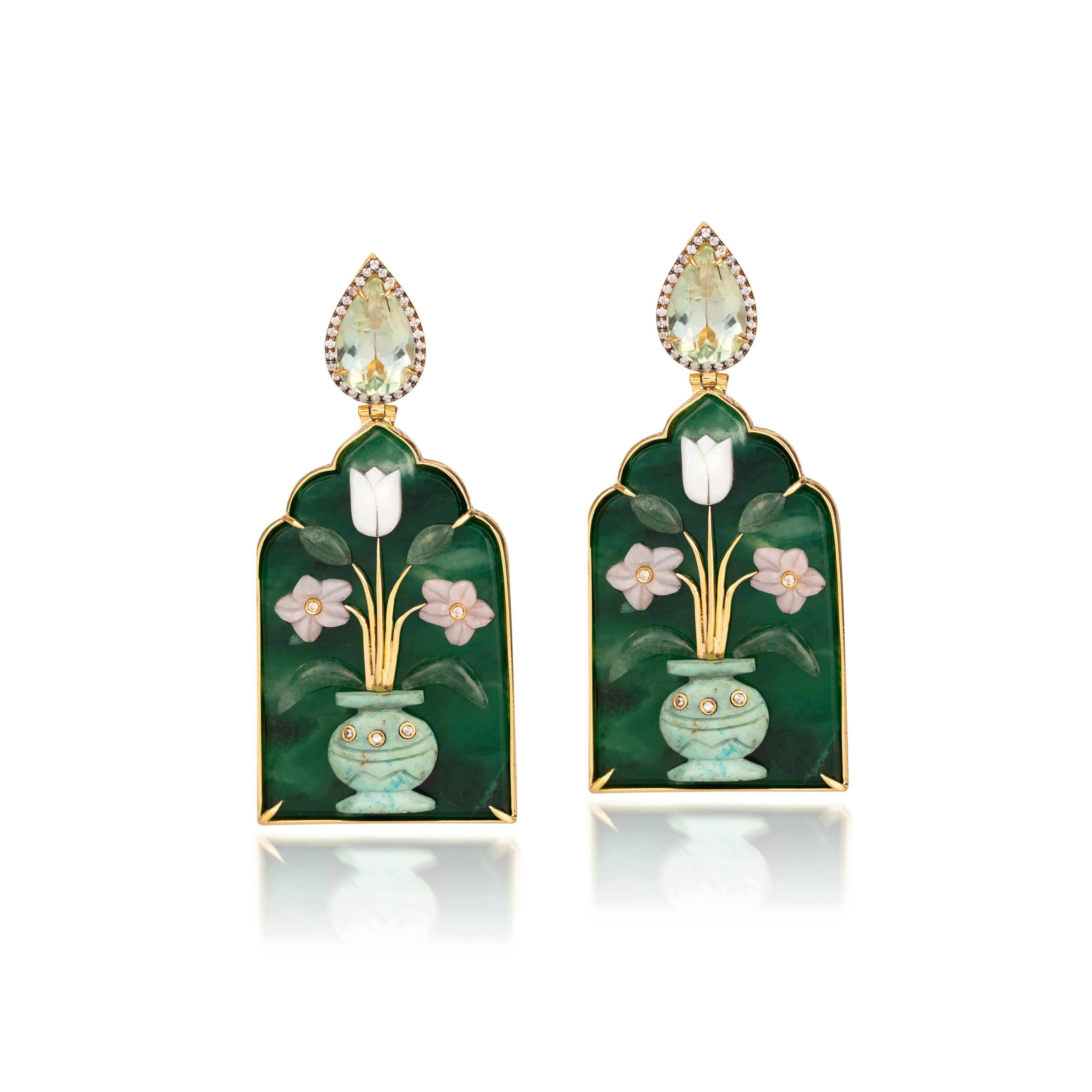 18k yellow gold green window Fram earrings with diamonds pear cut prasiolite, malachite chrysocolla flower vase with carved mother of pearl and pink opal flower earrings by Silvia Furmanovich Tiny Gods 