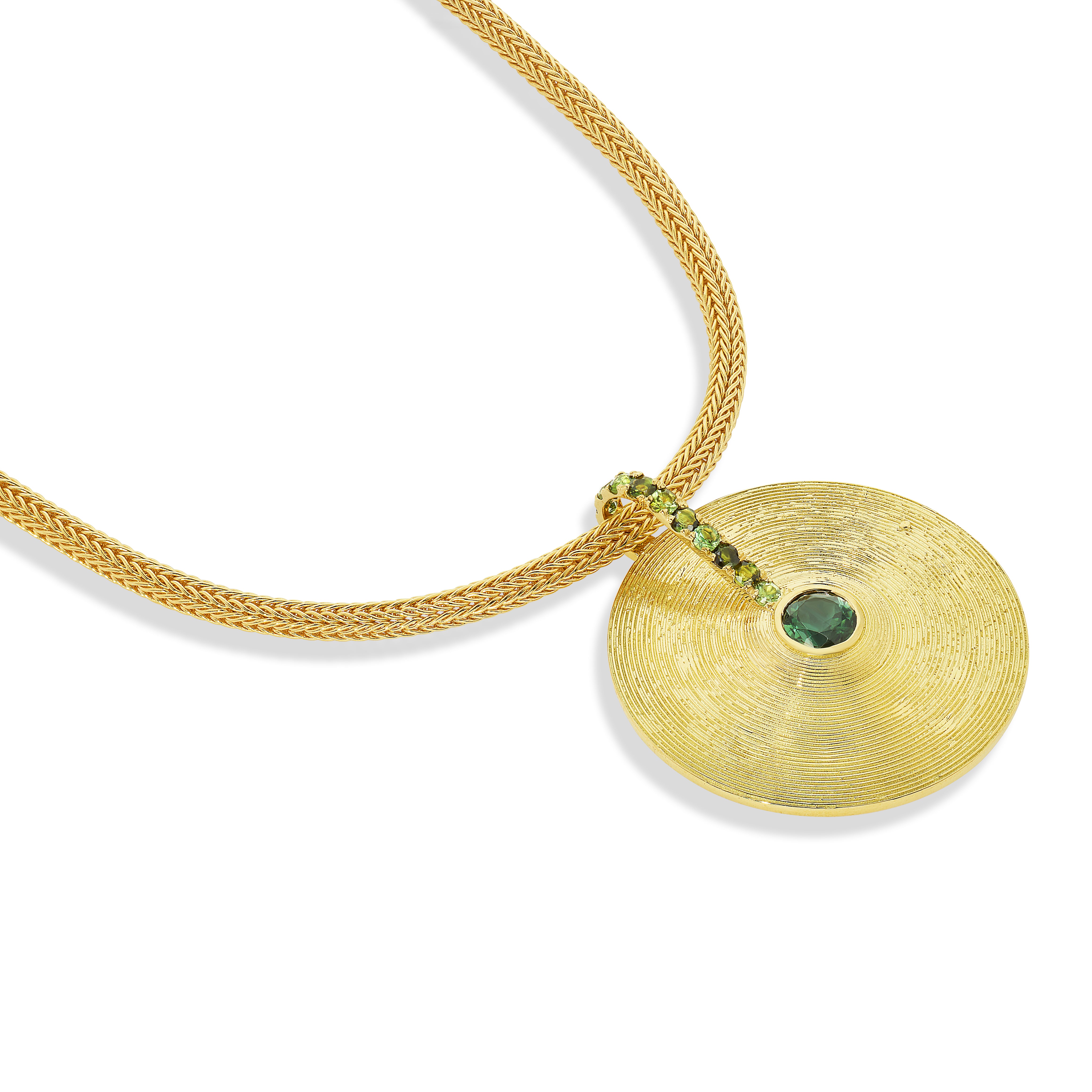 18k yellow gold green tourmaline medium cymbal pendant charm by Jade Ruzzo Tiny Gods 