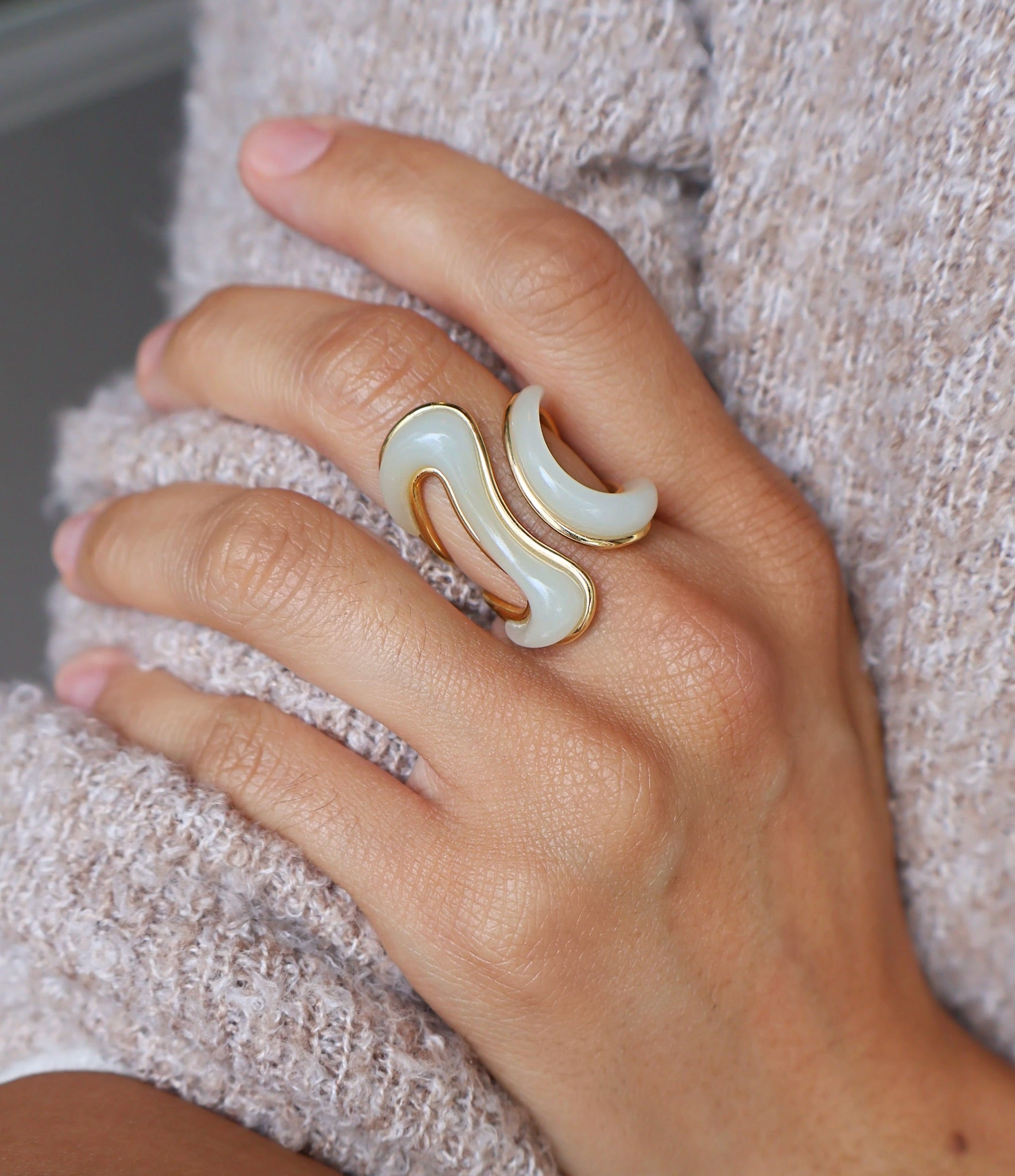 18k yellow gold milky aquamarine stream open gap ring by Fernando Jorge Tiny Gods 