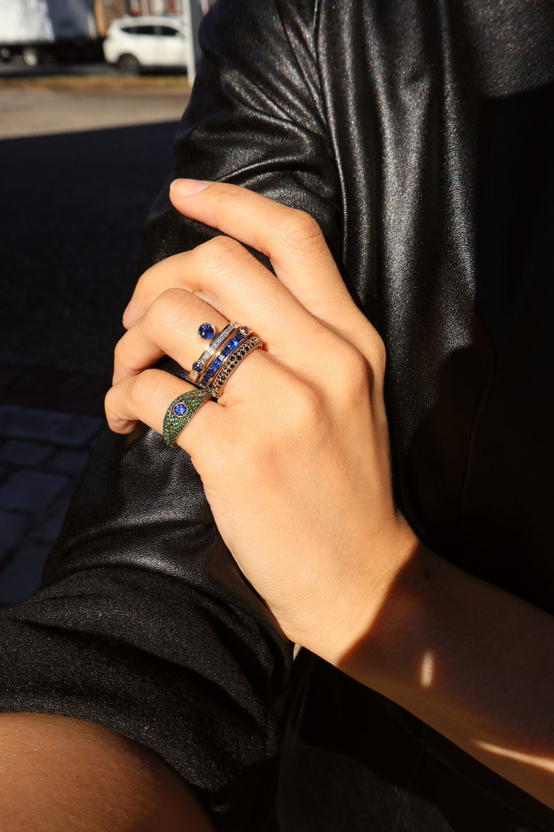 14k yellow gold Acu Mini Pave Pinky Ring with Tsavorites and Blue Sapphire evil eye ring by Ita Tiny Gods