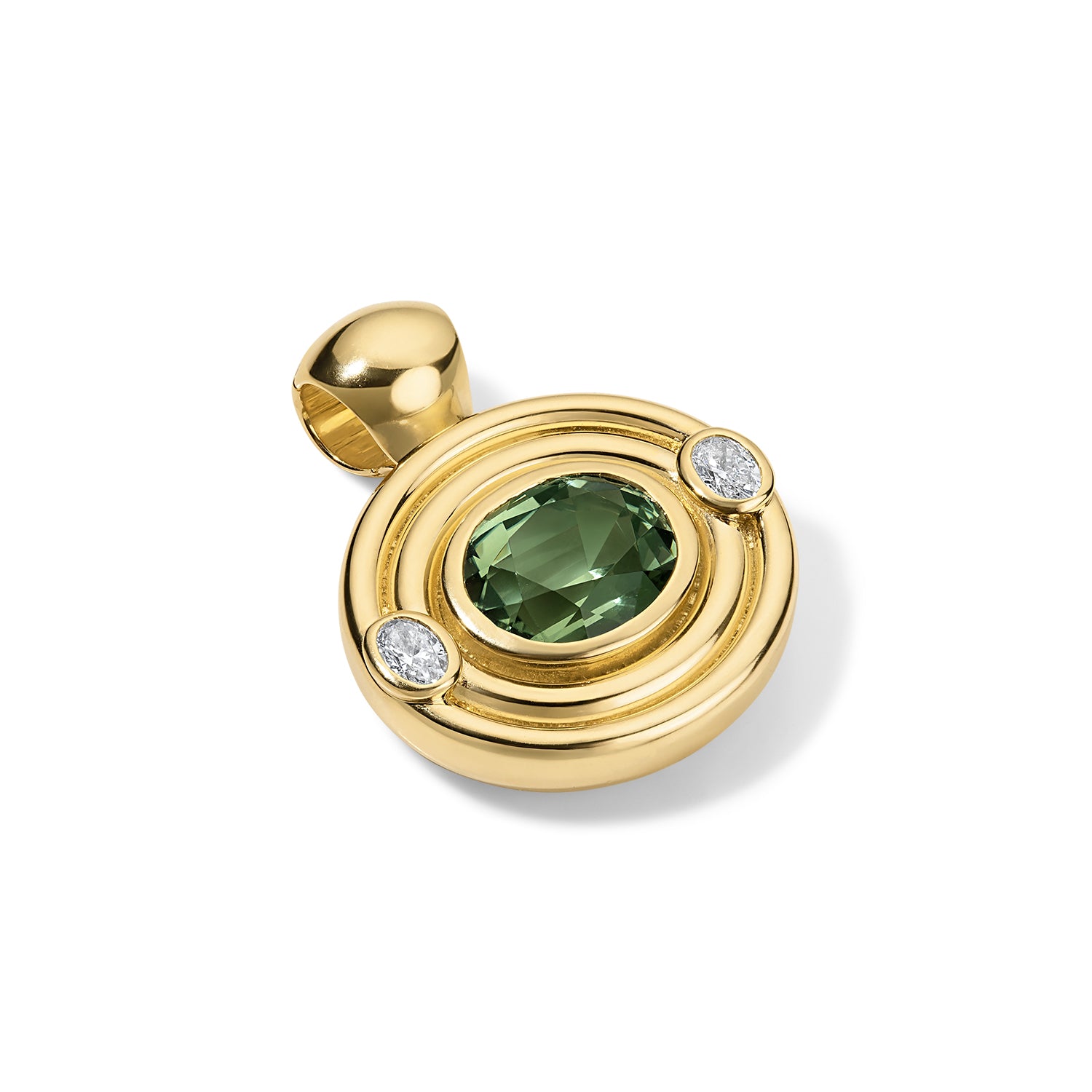 18k yellow gold mint green tourmaline and diamond Frankie bezel pendant by Jade Ruzzo Tiny Gods 