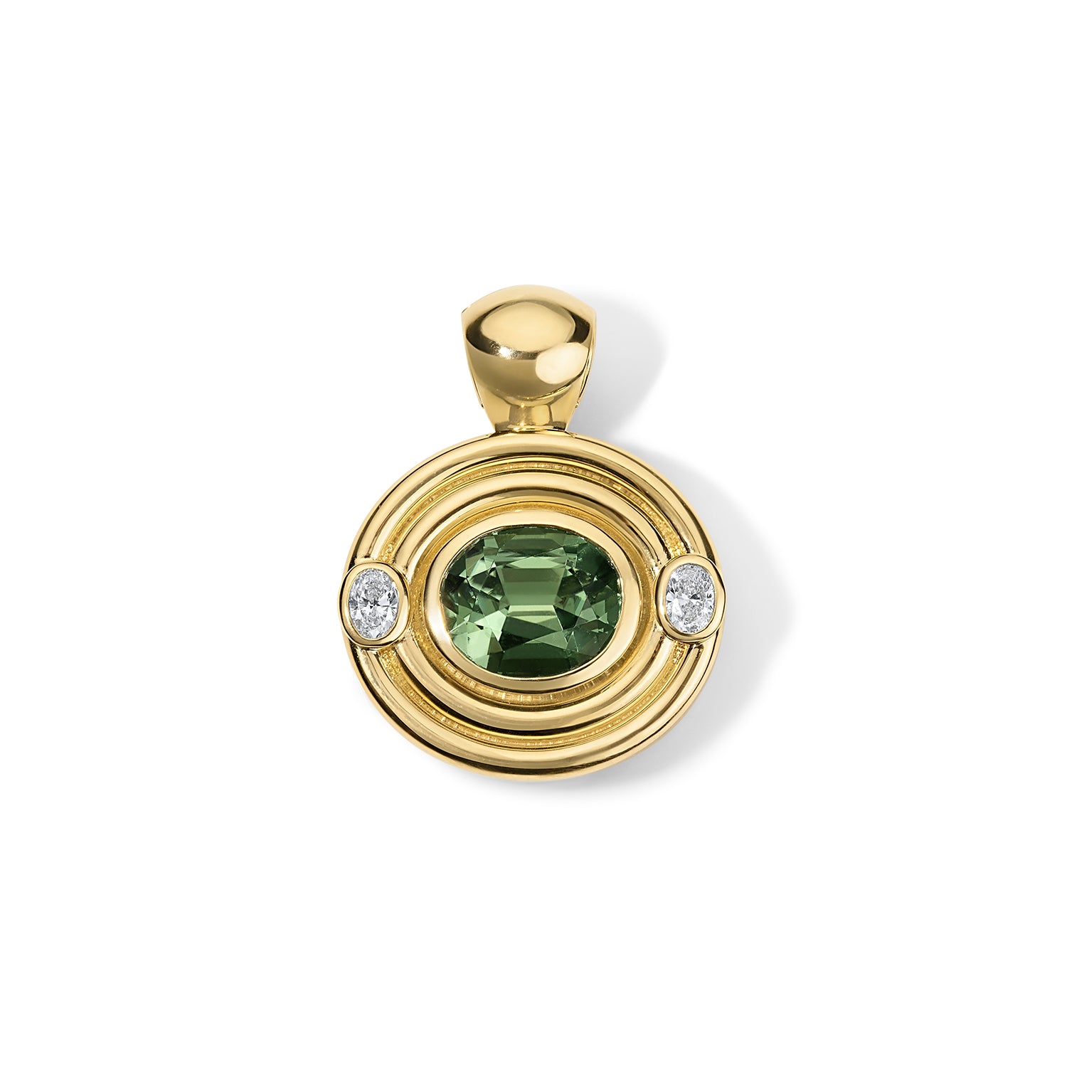 18k yellow gold mint green tourmaline and diamond Frankie bezel pendant by Jade Ruzzo Tiny Gods 