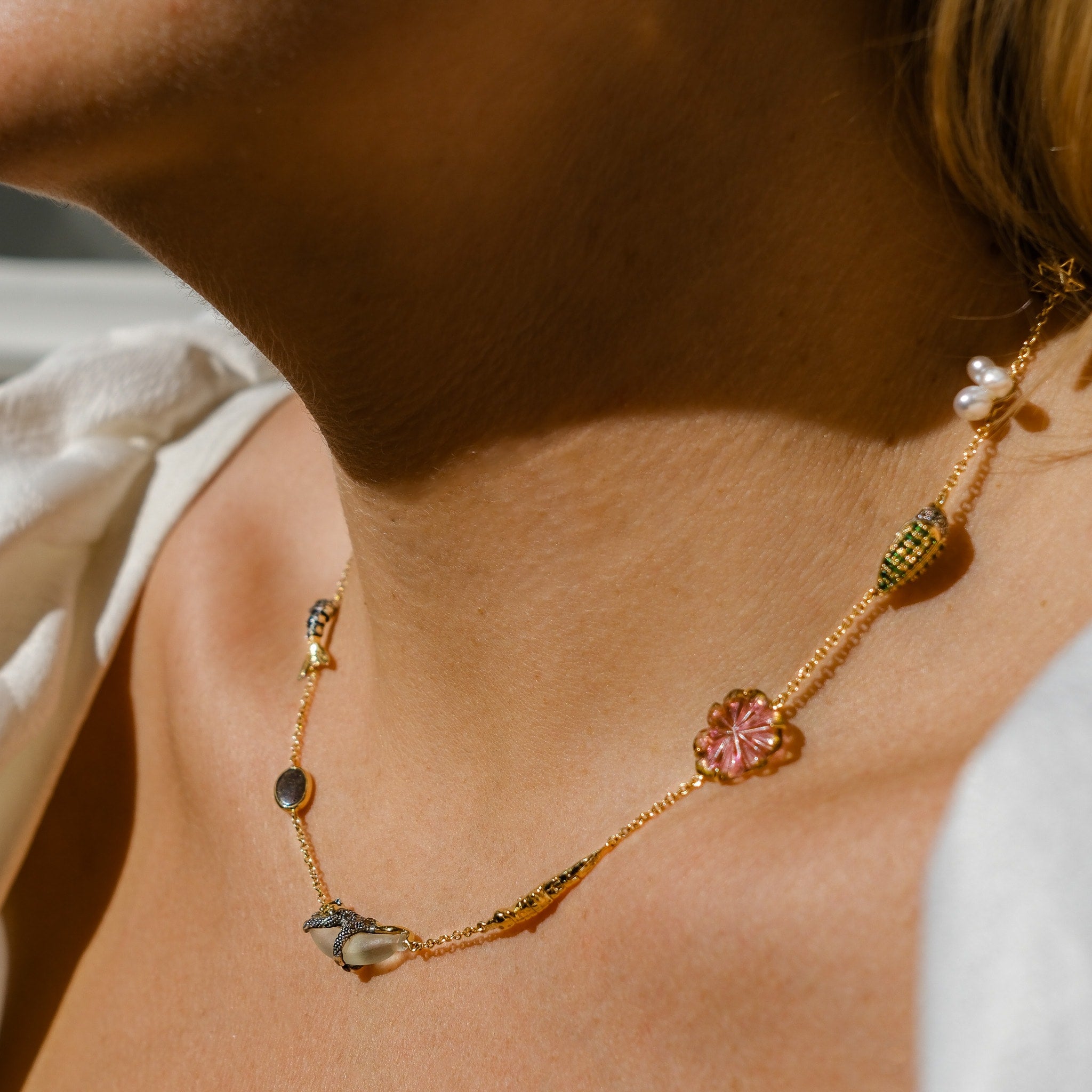 18k yellow gold trip down memory lane Bibi van der Velden necklace, mermaid tail, monkey on a banana, green scarab and alligator bite motif Tiny Gods