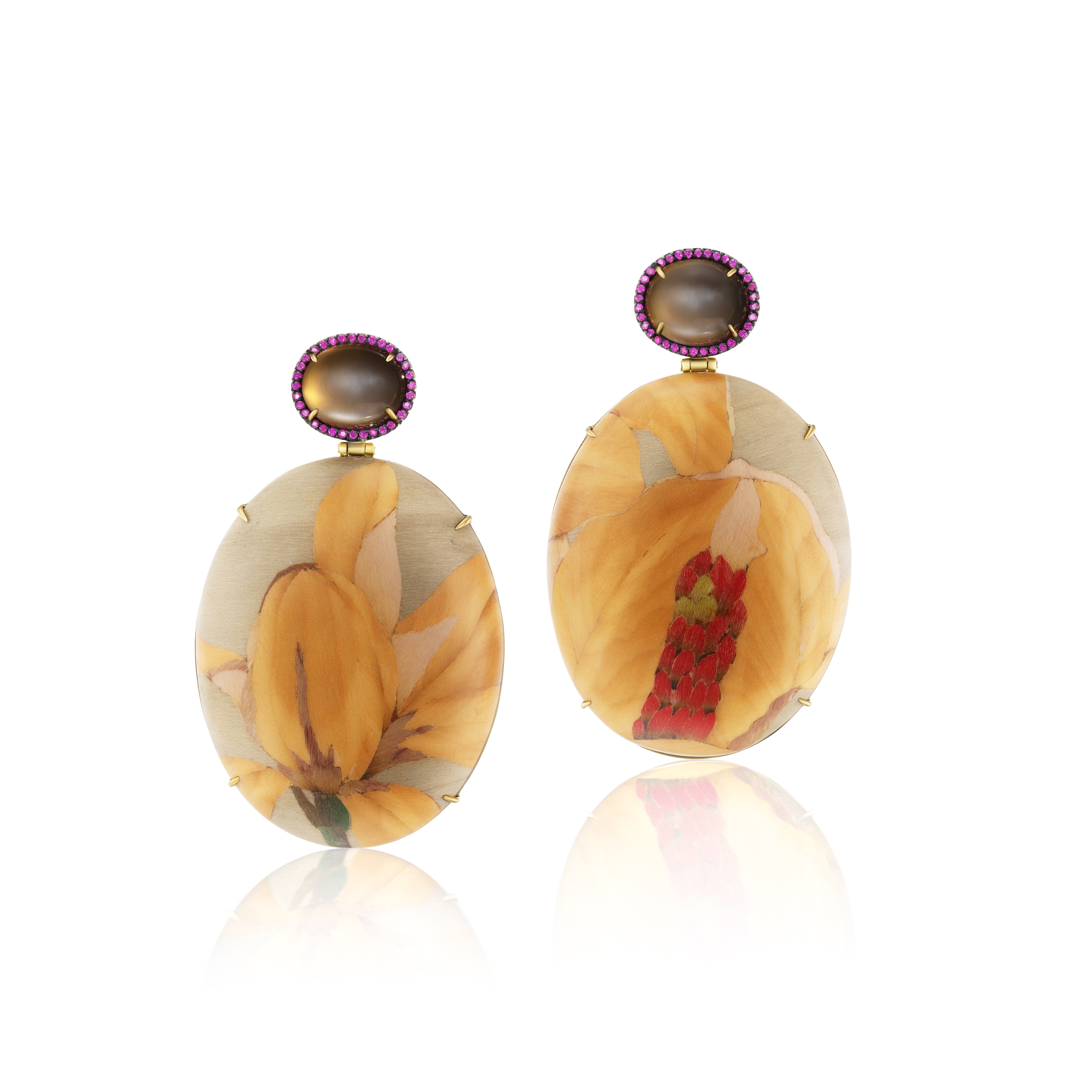 Ruby & Moonstone Oval Floral Marquetry Earrings