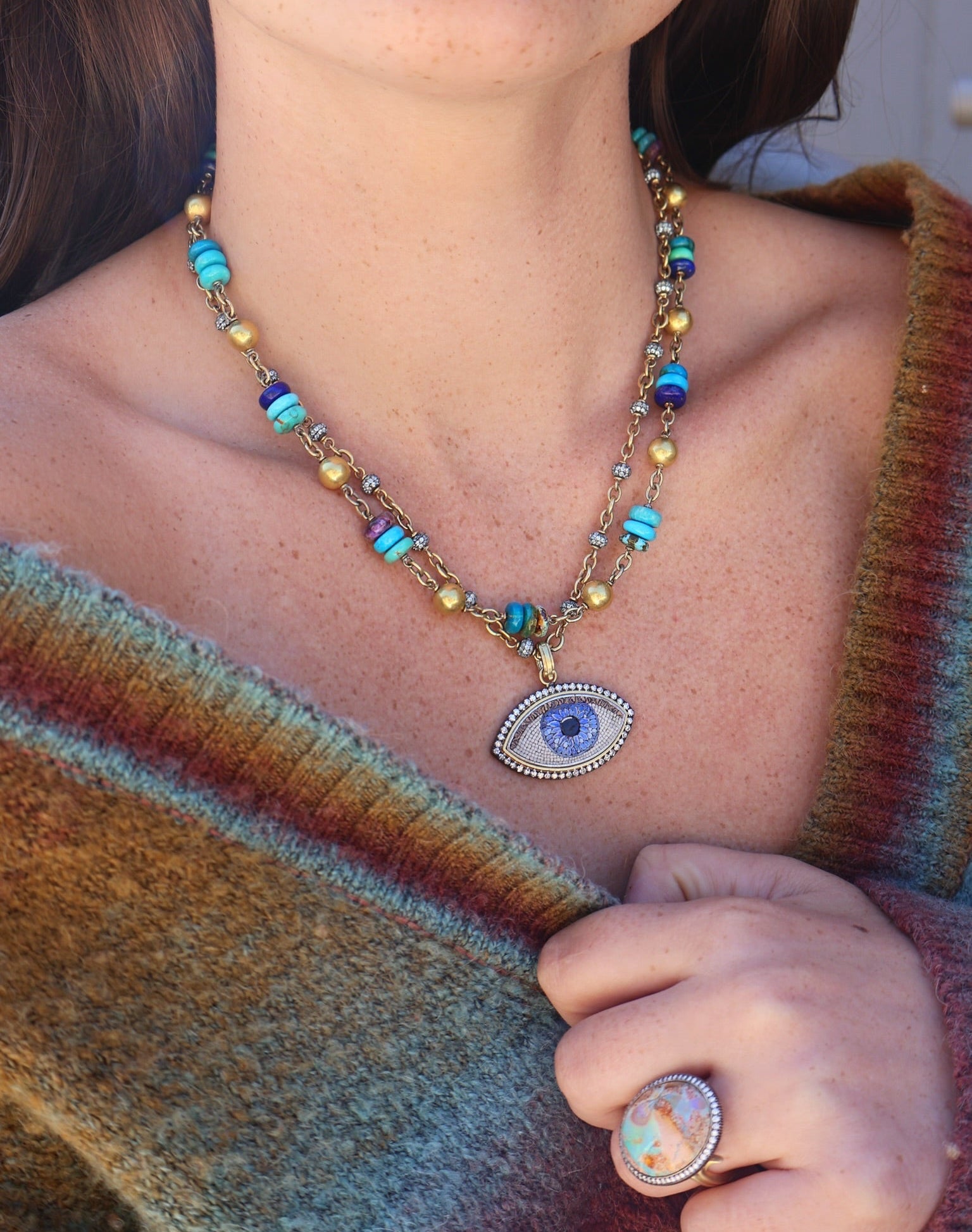 18k yellow gold and silver diamond evil eye micro mosaic blue eye pendant charm by Sylva & Cie Tiny Gods 