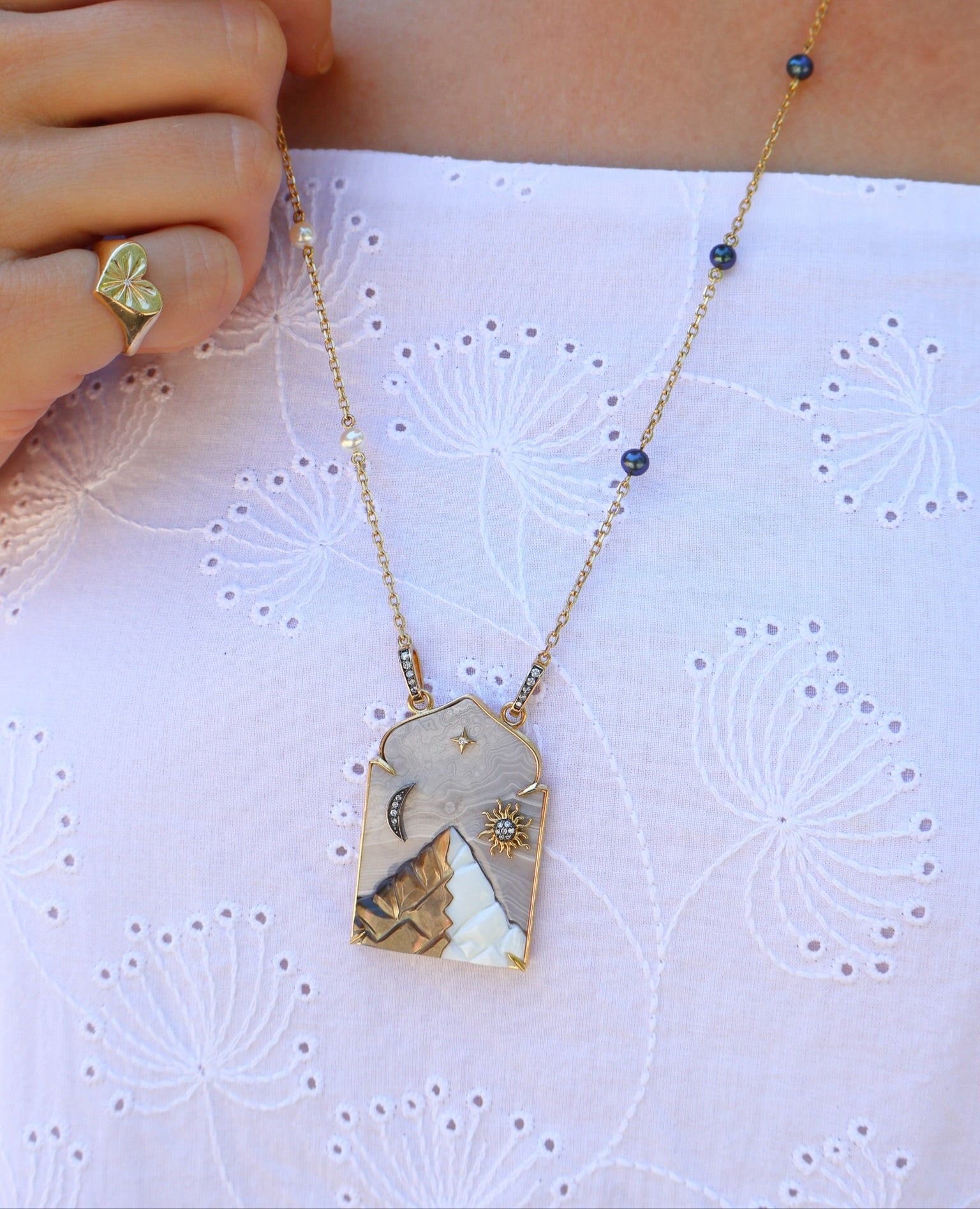 18k yellow gold dark and white mother of pearl mountain with grey jasper window pendant necklace with pearl chain by Silvia Furmanovich Tiny Gods 