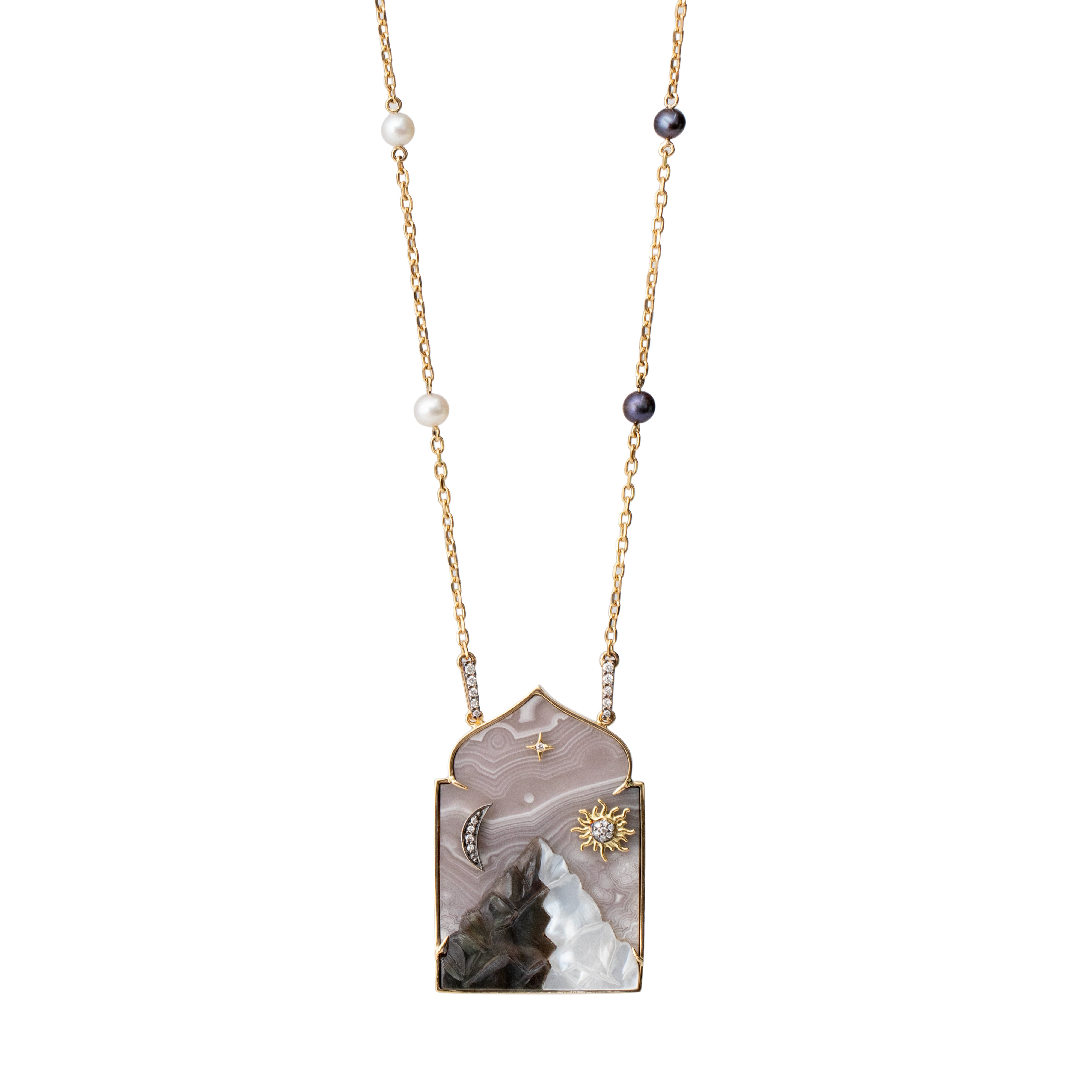 18k yellow gold dark and white mother of pearl mountain with grey jasper window pendant necklace with pearl chain by Silvia Furmanovich Tiny Gods 