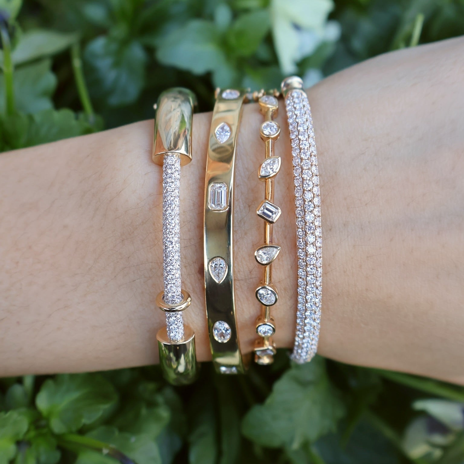 18k yellow gold multi shape diamond stacked bezel set bangle bracelet Tiny Gods 