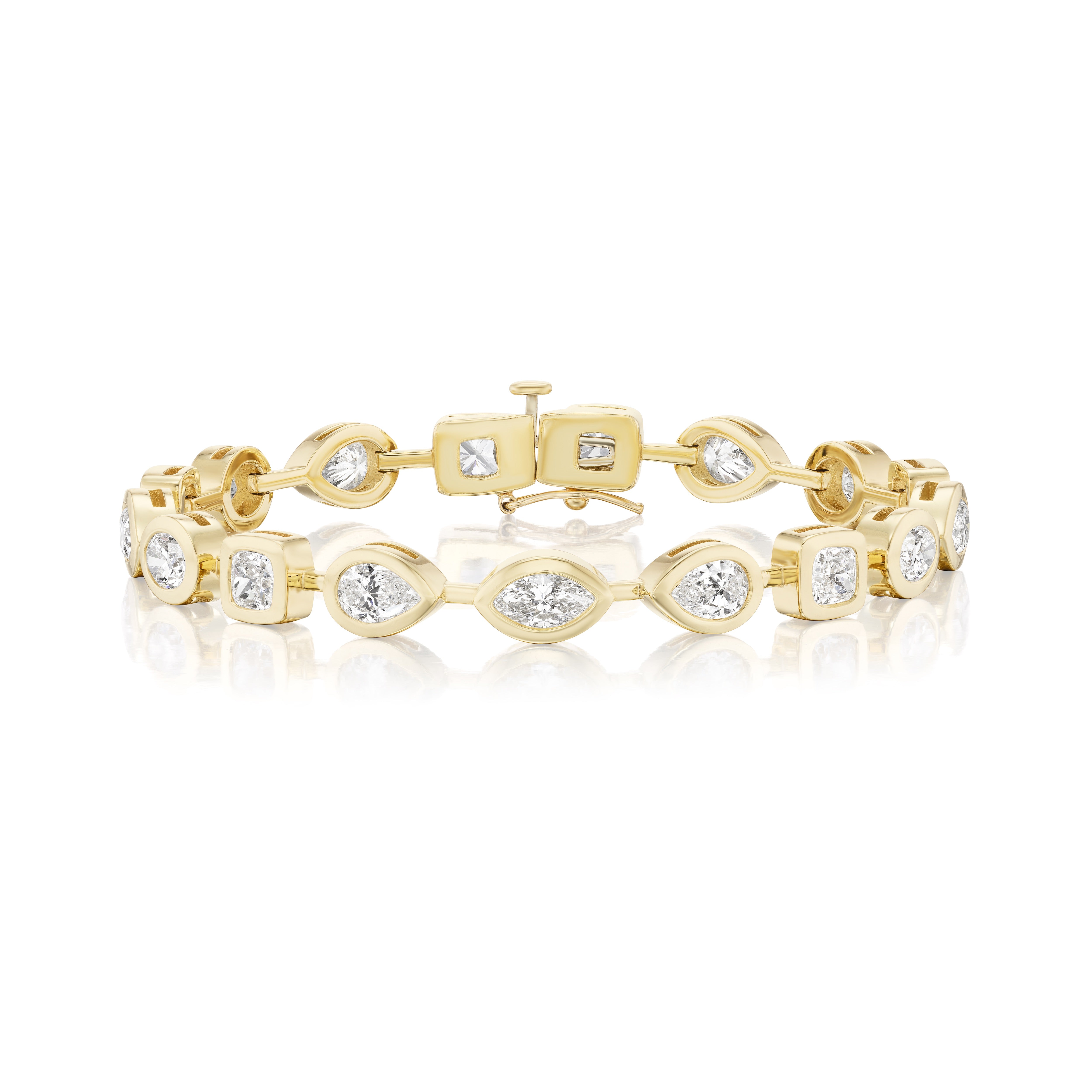18k yellow gold GIA certified marquis, pear, cushion, oval cut diamonds domed pillow setting bezel wire bracelet Tiny Gods 