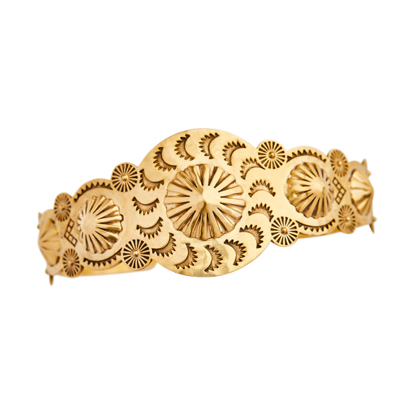 18k yellow gold handmade hammered swirl sun cuff by Christina Alexiou Tiny Gods