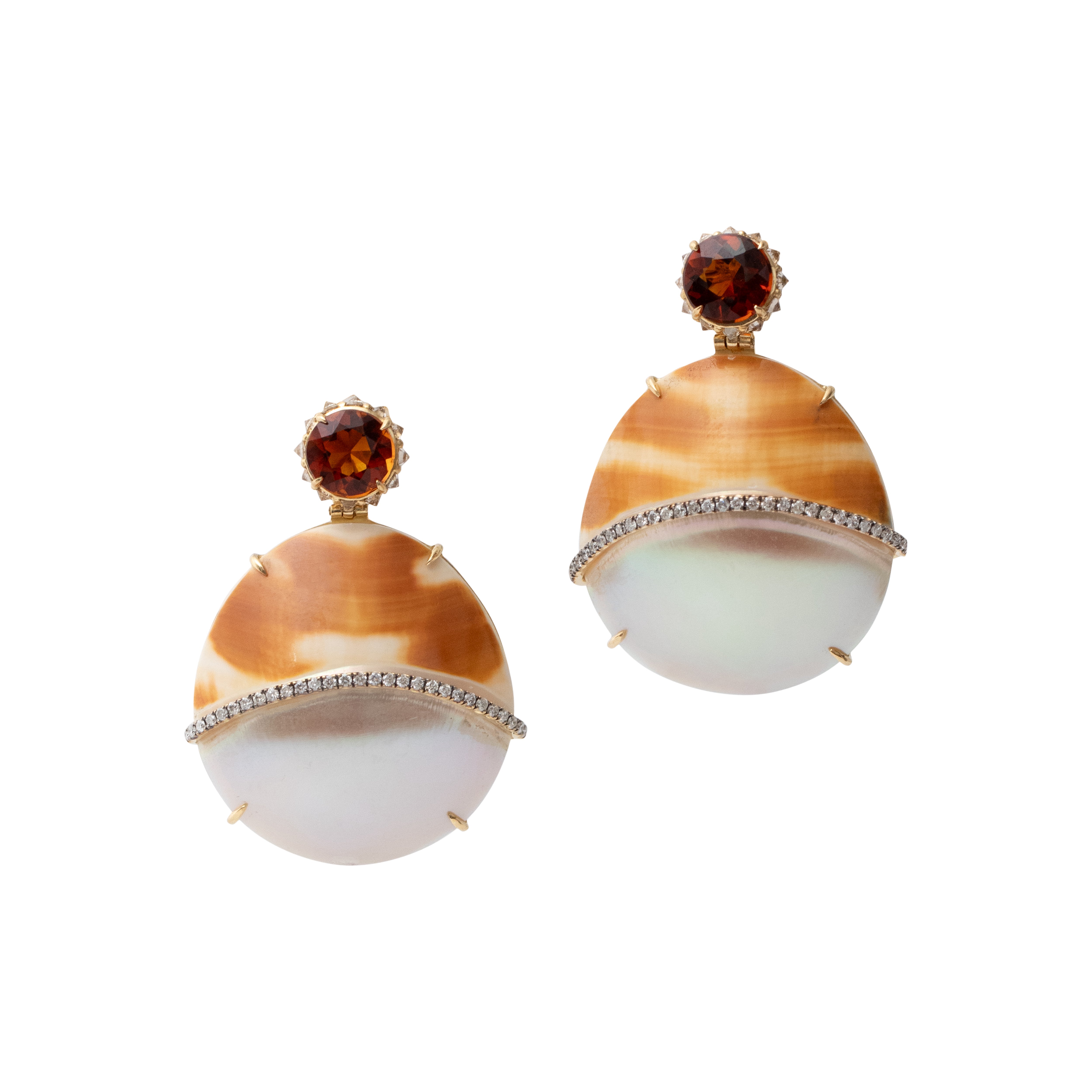 yellow gold and nautilus shell earrings with diamonds and riograndense citrine by Silvia furmanovich Tiny Gods 