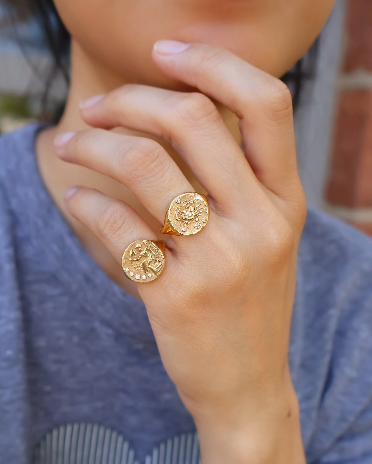 18k yellow gold nike goddess diamond signet ring by Azlee Tiny Gods 