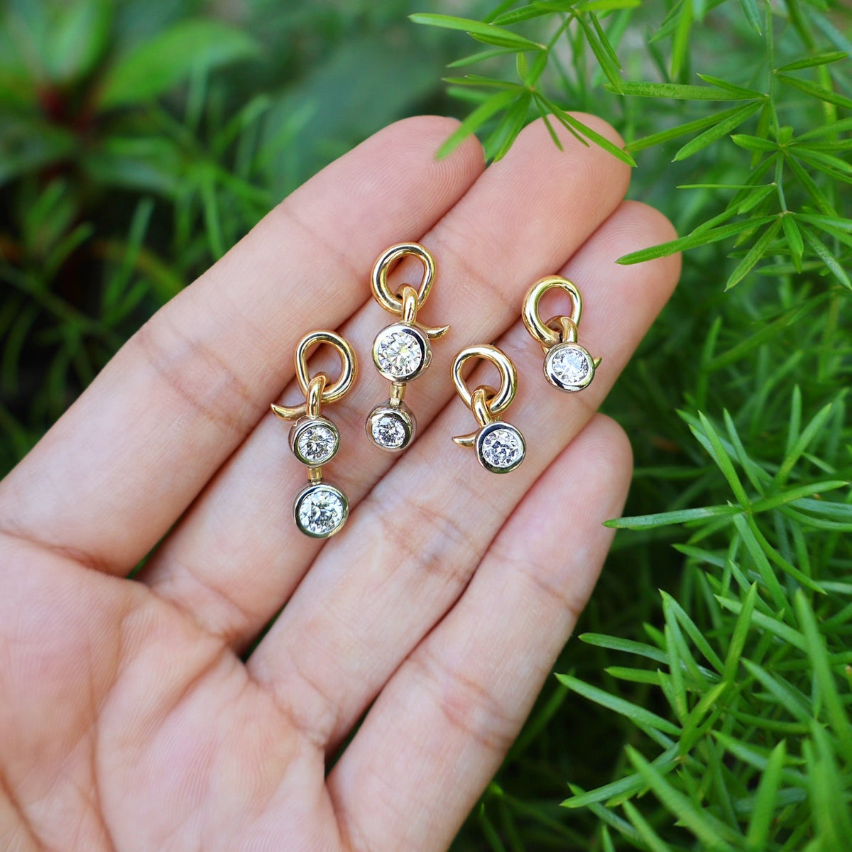 14k yellow gold and white gold 0.50cts old european cut round diamond single vein drop earrings by Retrouvai Tiny Gods 