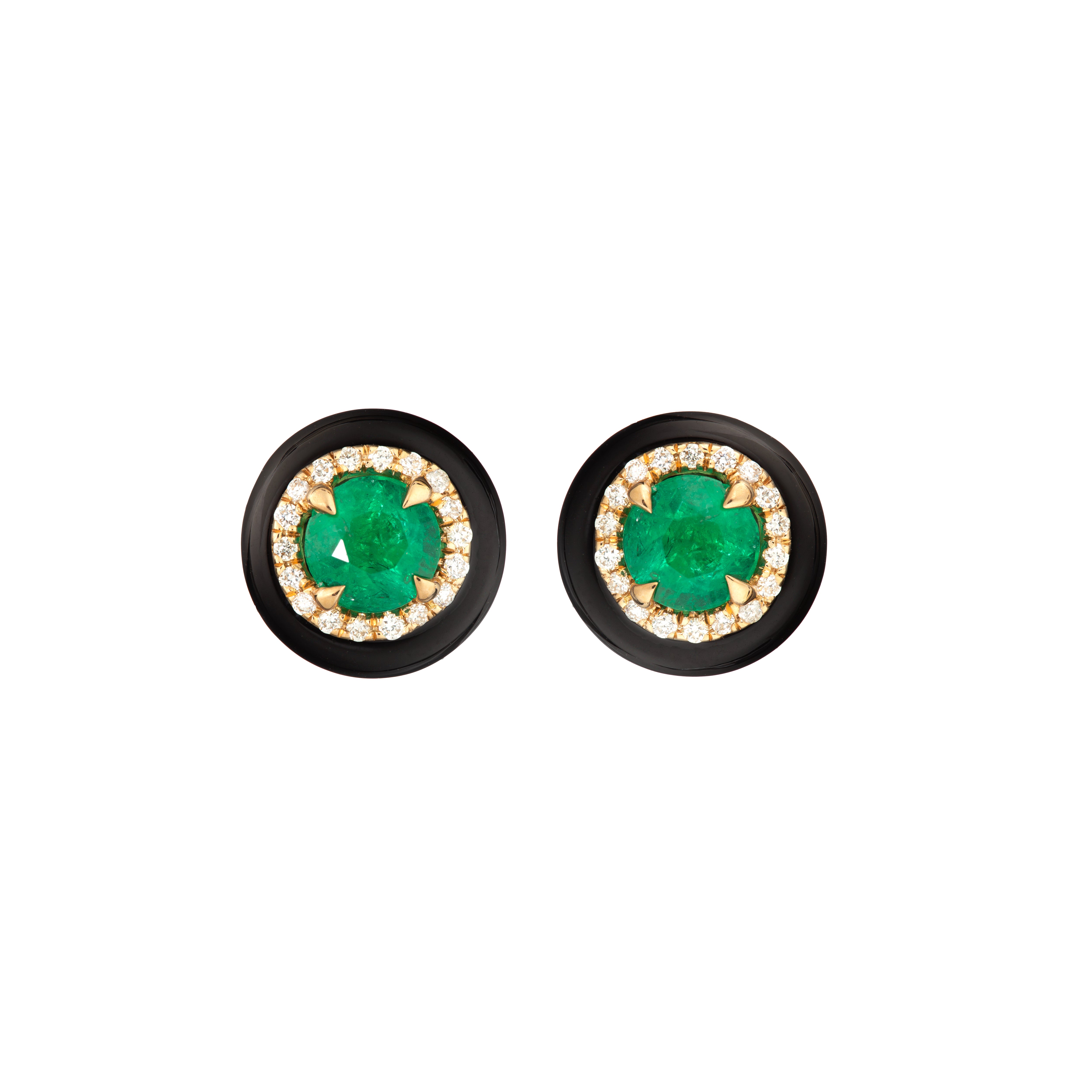 18k yellow gold 1ct emerald and diamond studs with black onyx border stud earrings by Guita M Tiny Gods 