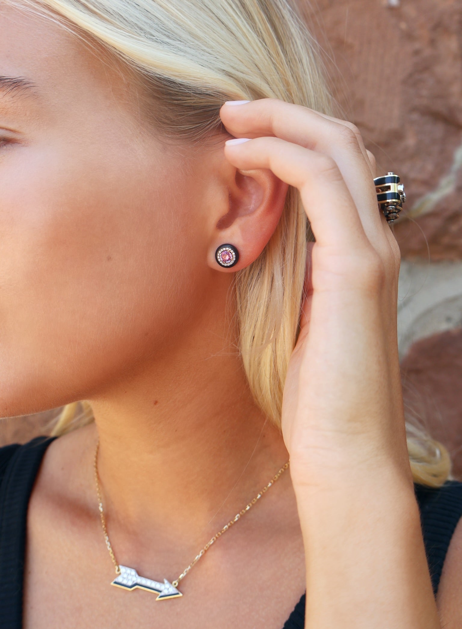 18k yellow gold pink sapphire diamond and black onyx stud earrings by Guita M Tiny Gods 