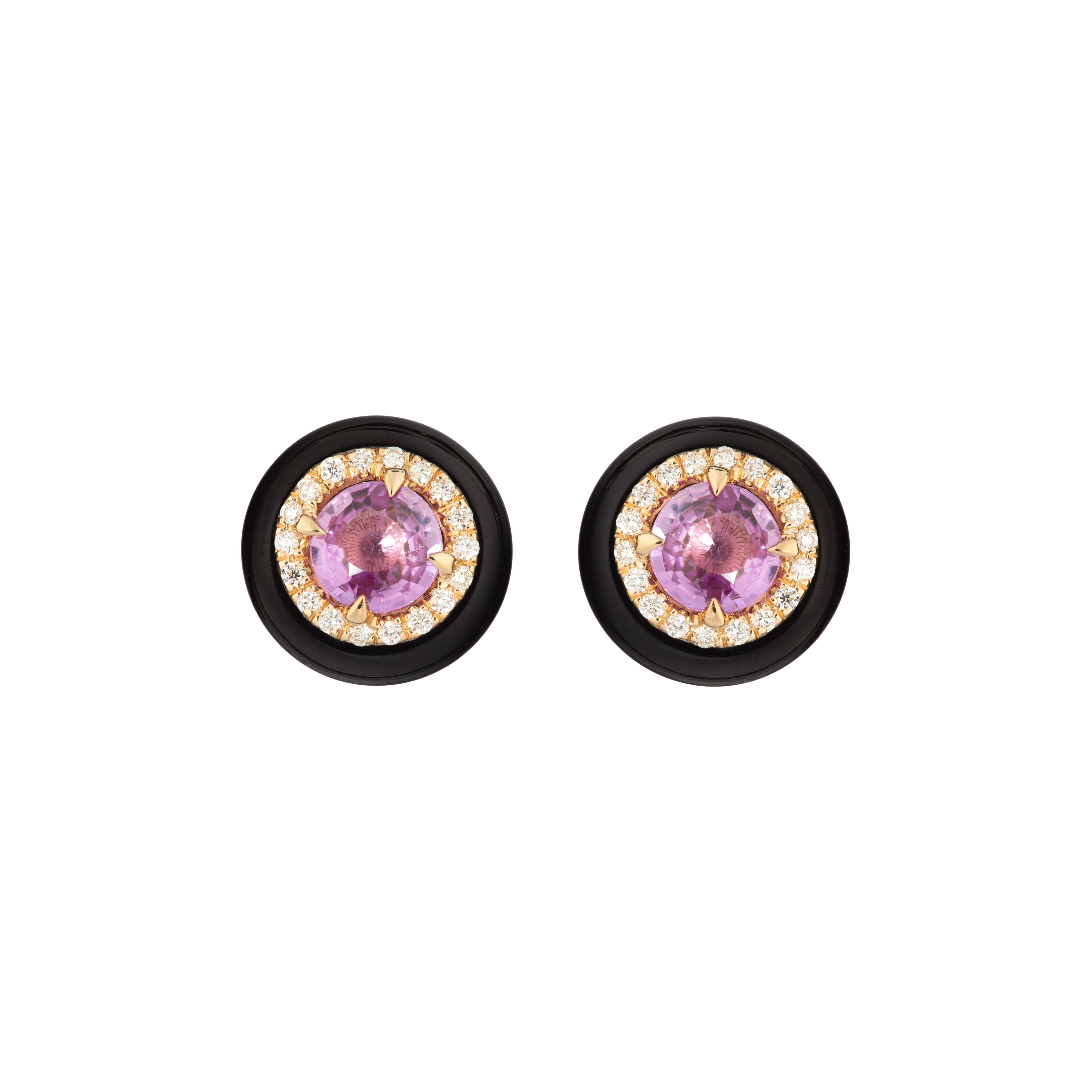 18k yellow gold pink sapphire diamond and black onyx stud earrings by Guita M Tiny Gods 