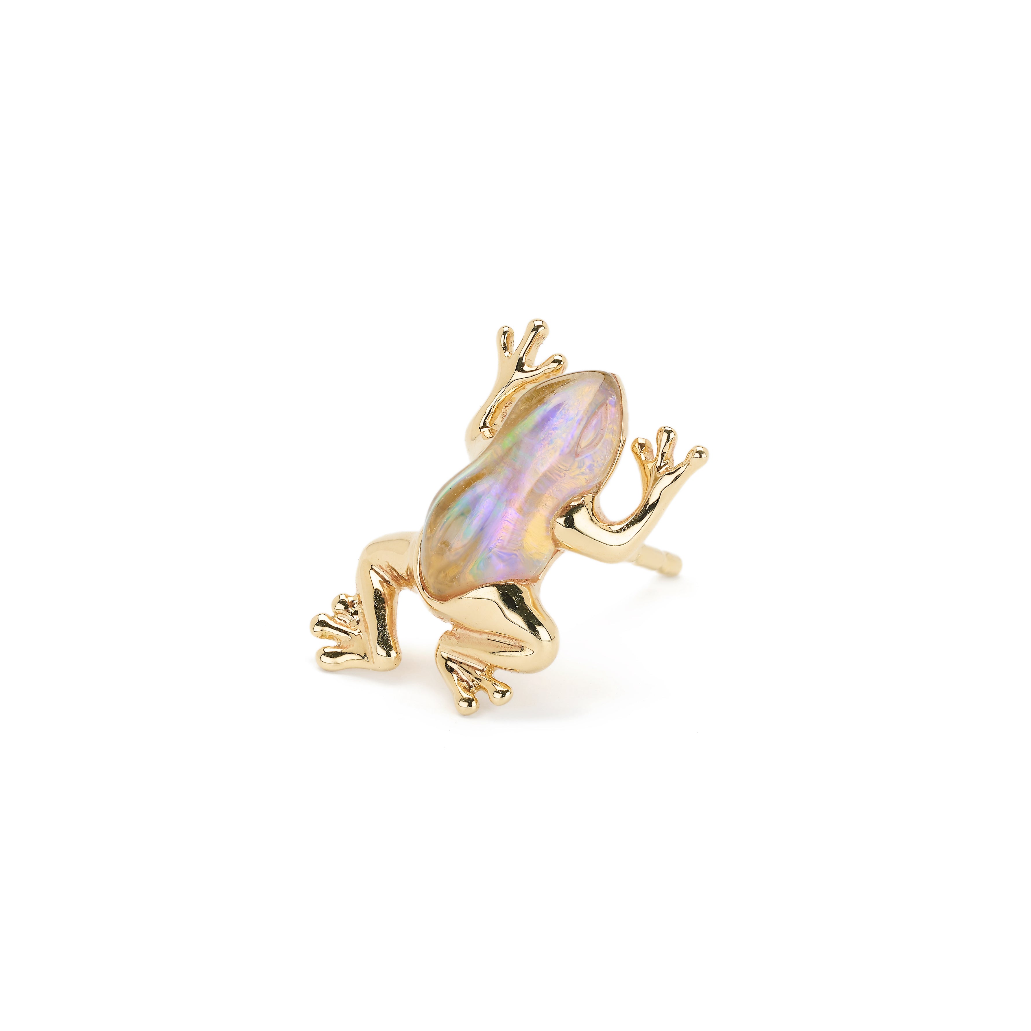 18k yellow gold opal and white quartz carved frog stud earring by Bibi van der Velden Tiny Gods 