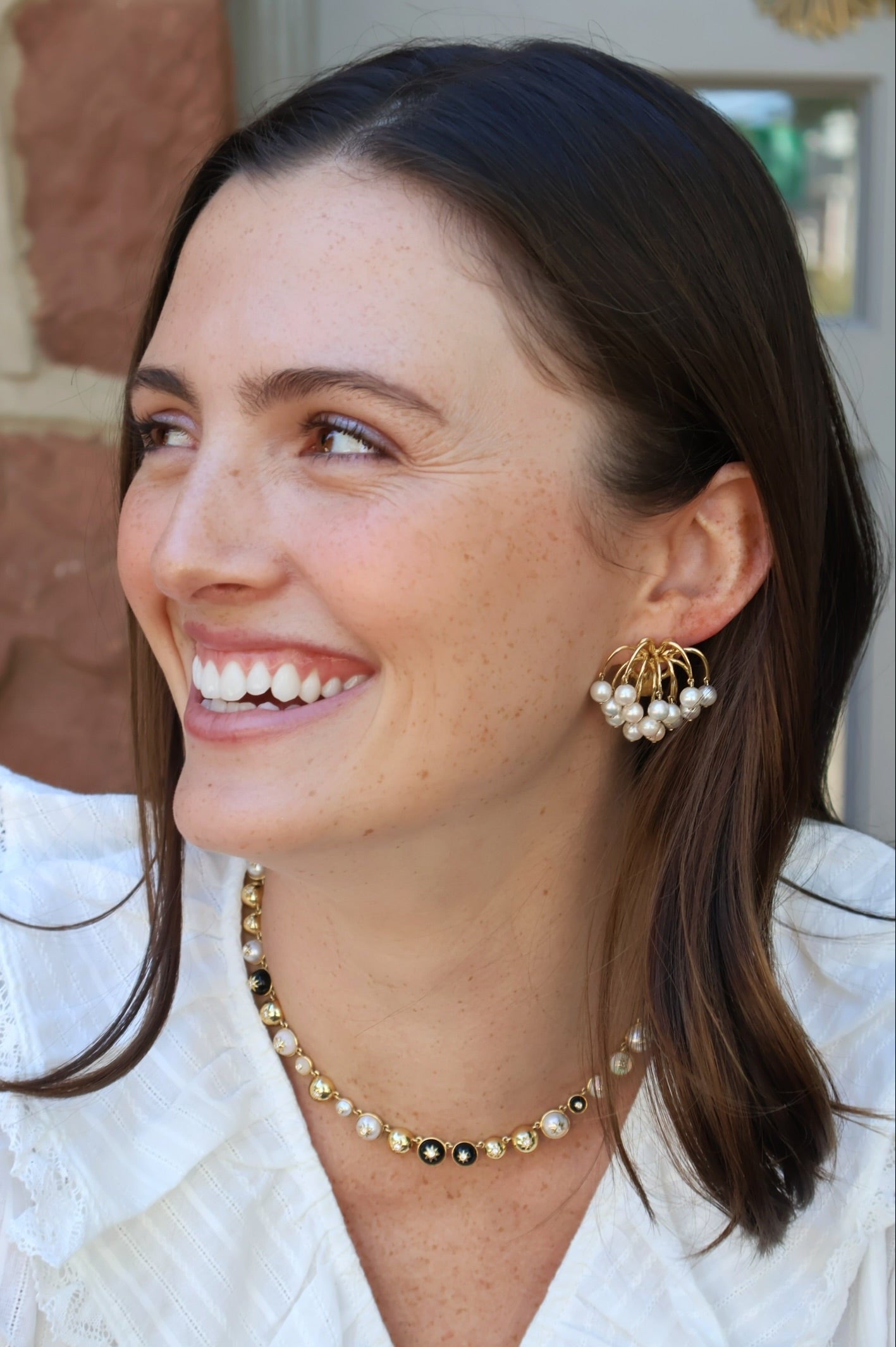 18k yellow gold opal, pearl, black onyx star cluster necklace with diamond star accents constellation by Sauer Tiny Gods 