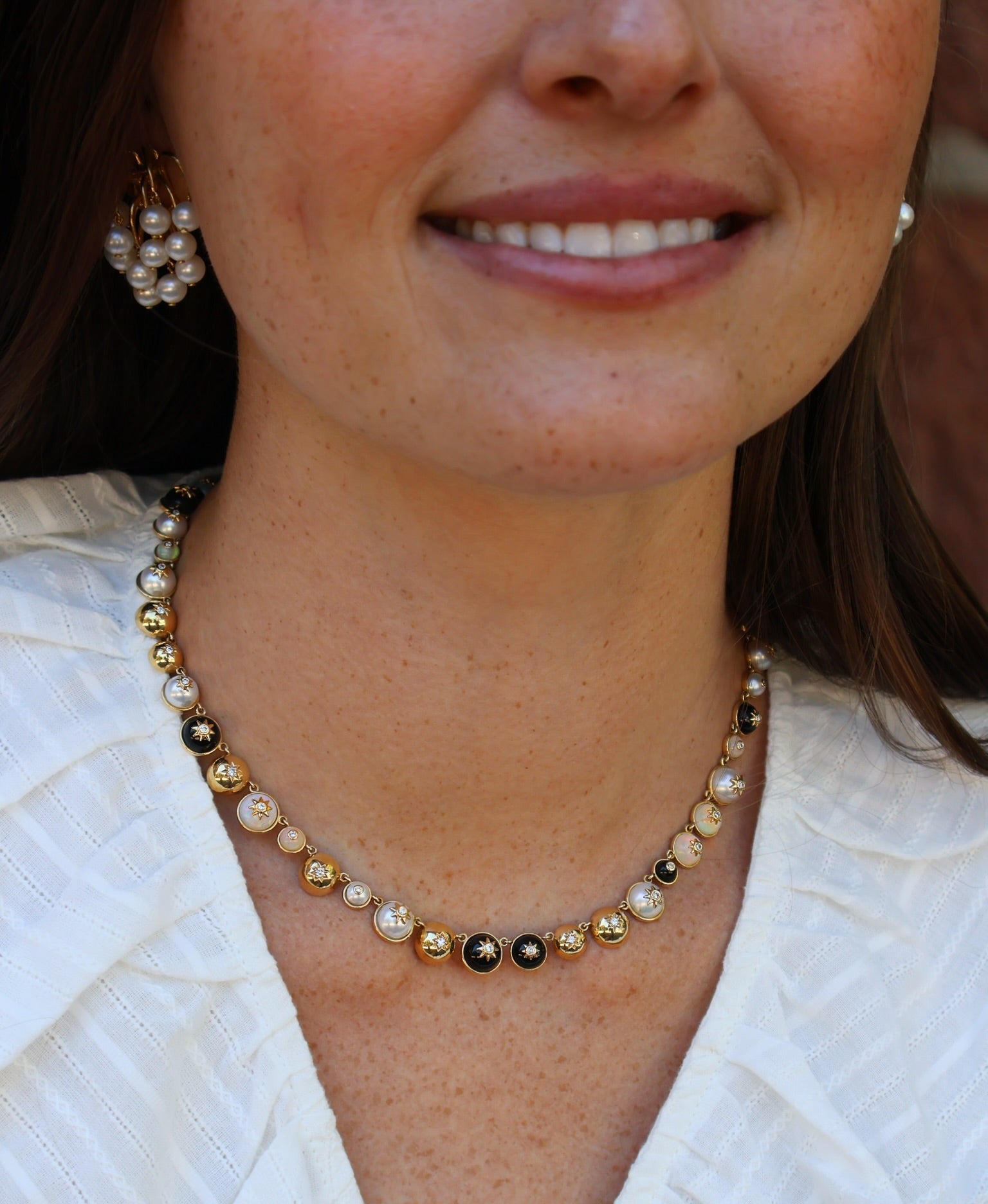 18k yellow gold opal, pearl, black onyx star cluster necklace with diamond star accents constellation by Sauer Tiny Gods 