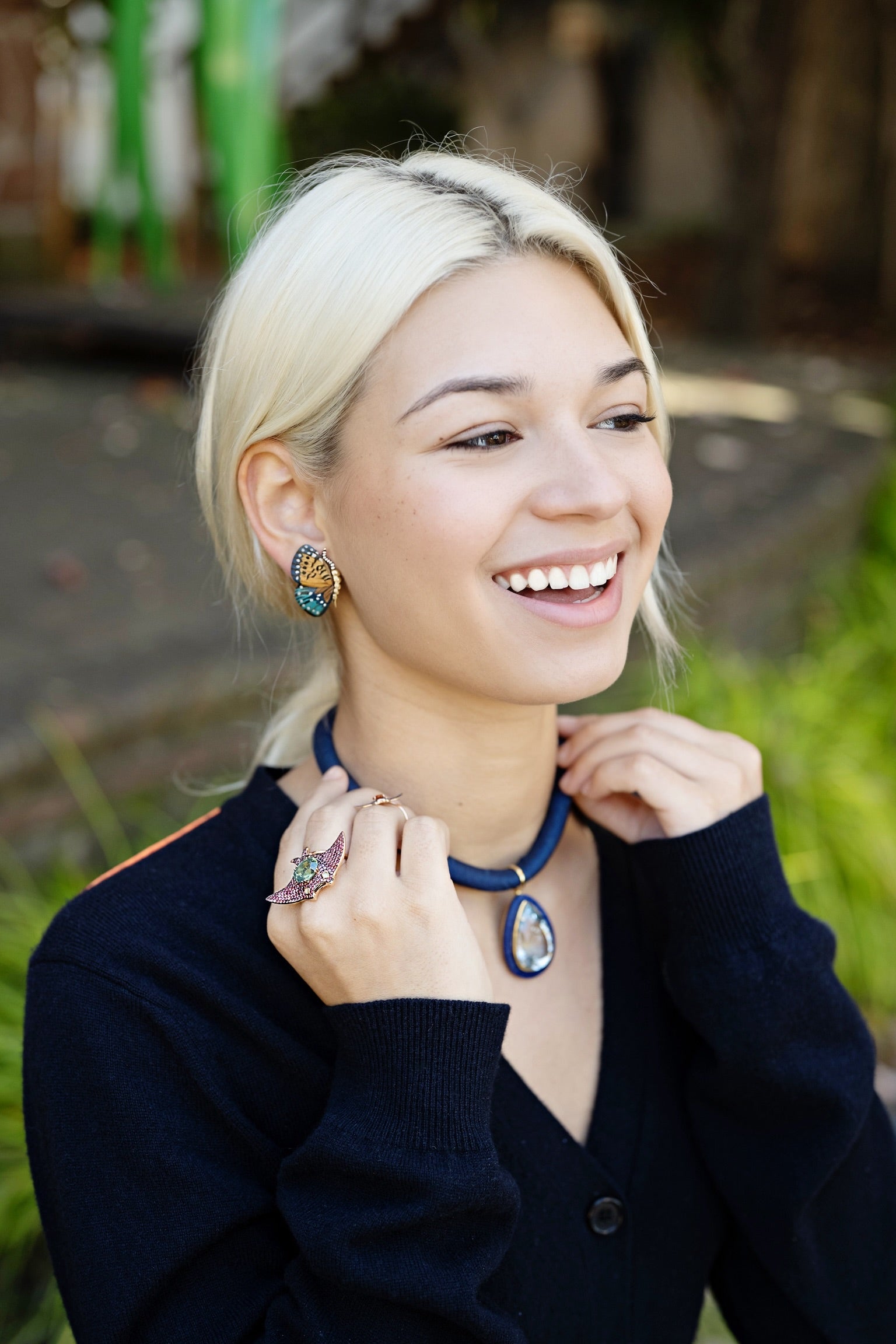 18k yellow gold orange blue brown black and white petite diamond butterfly wing marquetry earrings by Silvia Furmanovich Tiny Gods