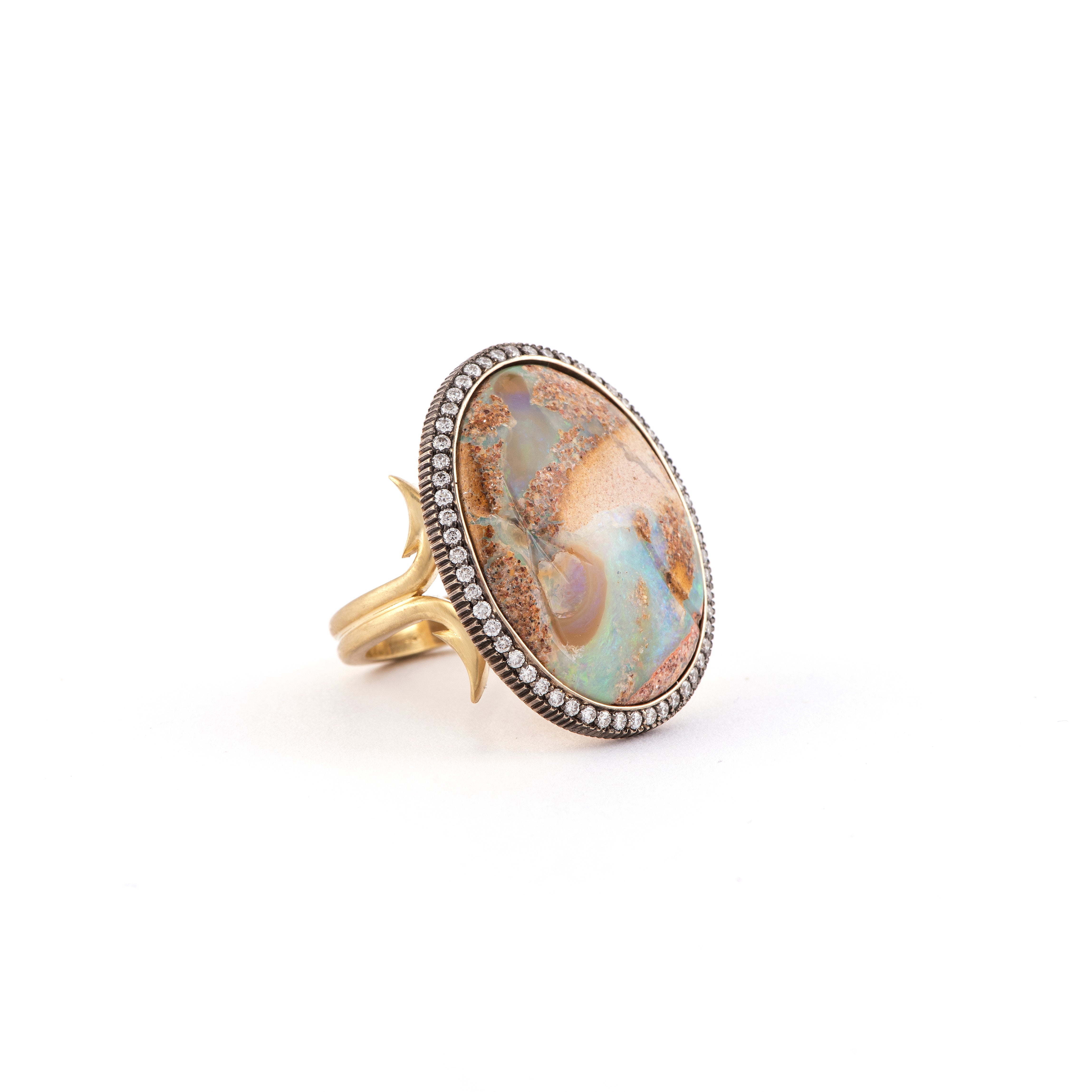 18k yellow gold oval opal diamond halo bezel set ring with antique black rhodium and arrow shank by Sylva & Cie Tiny Gods 