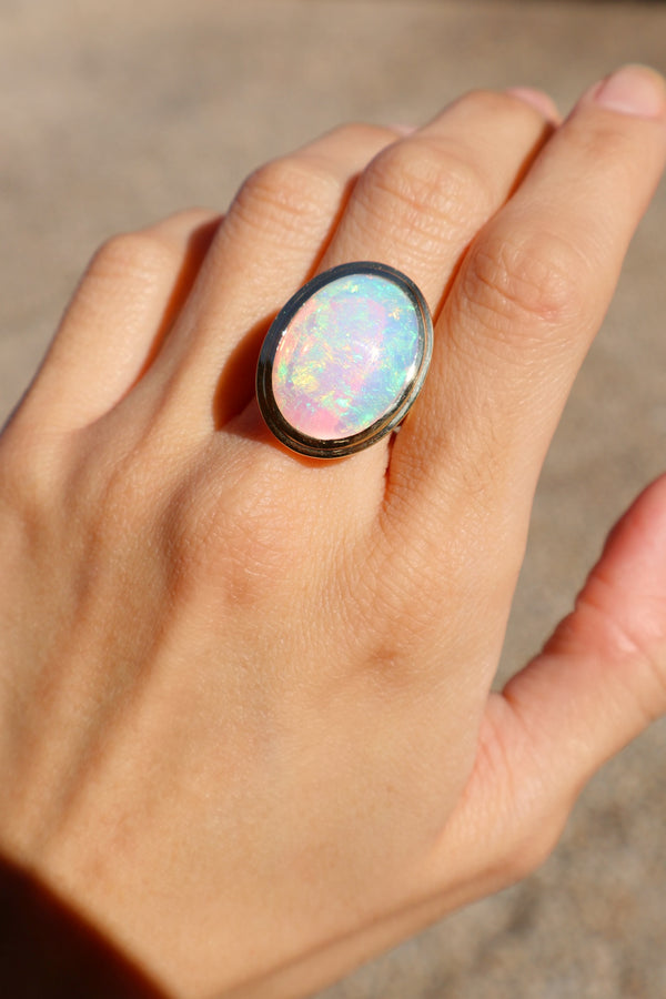 18k yellow gold oval opal double bezel ring by Goshwara Tiny Gods