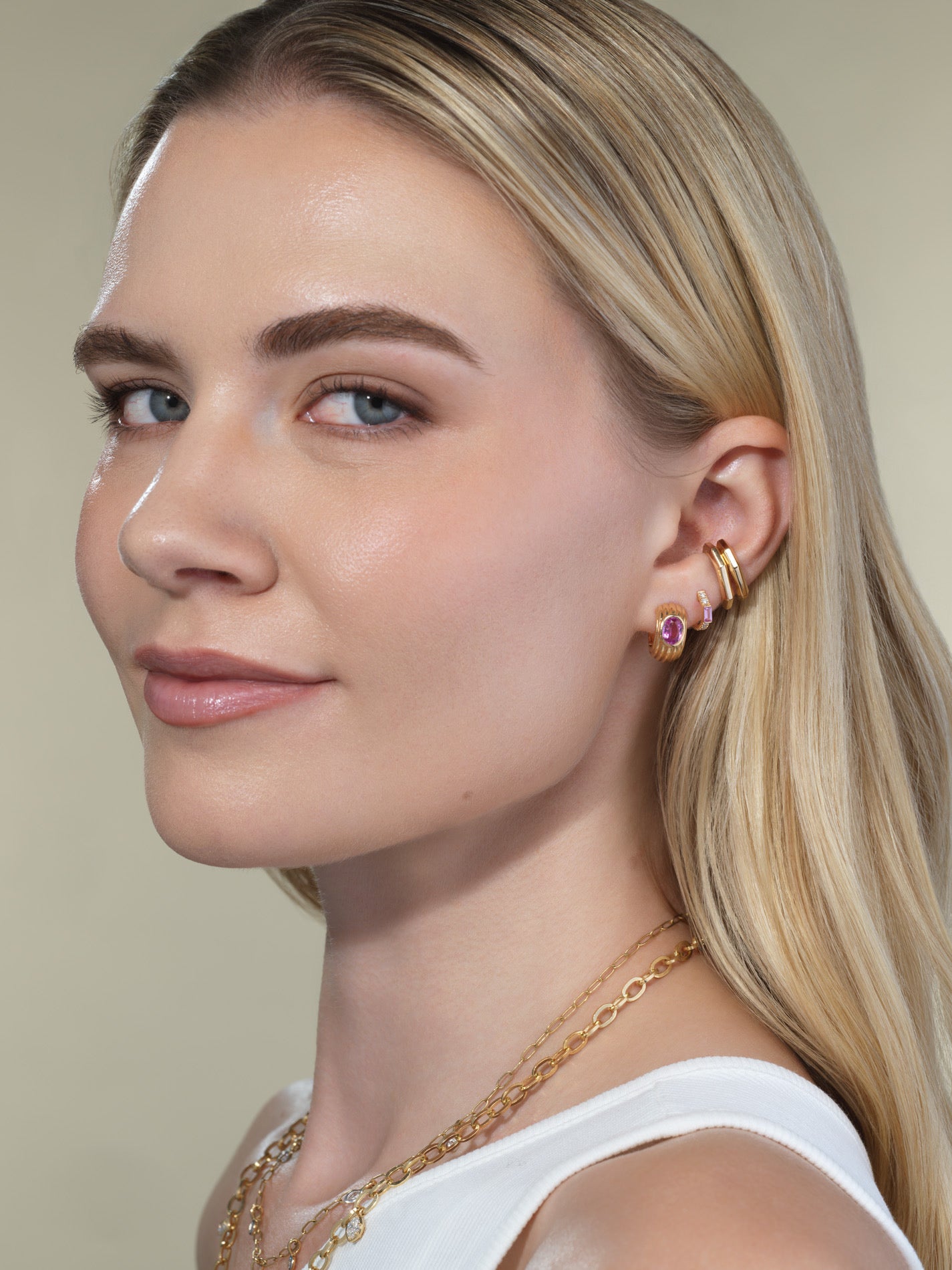 18k yellow gold oval pink sapphire nomad chubby huggie earrings by Sorellina Tiny Gods 