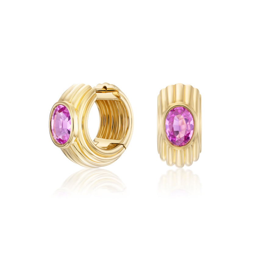 18k yellow gold oval pink sapphire nomad chubby huggie earrings by Sorellina Tiny Gods 