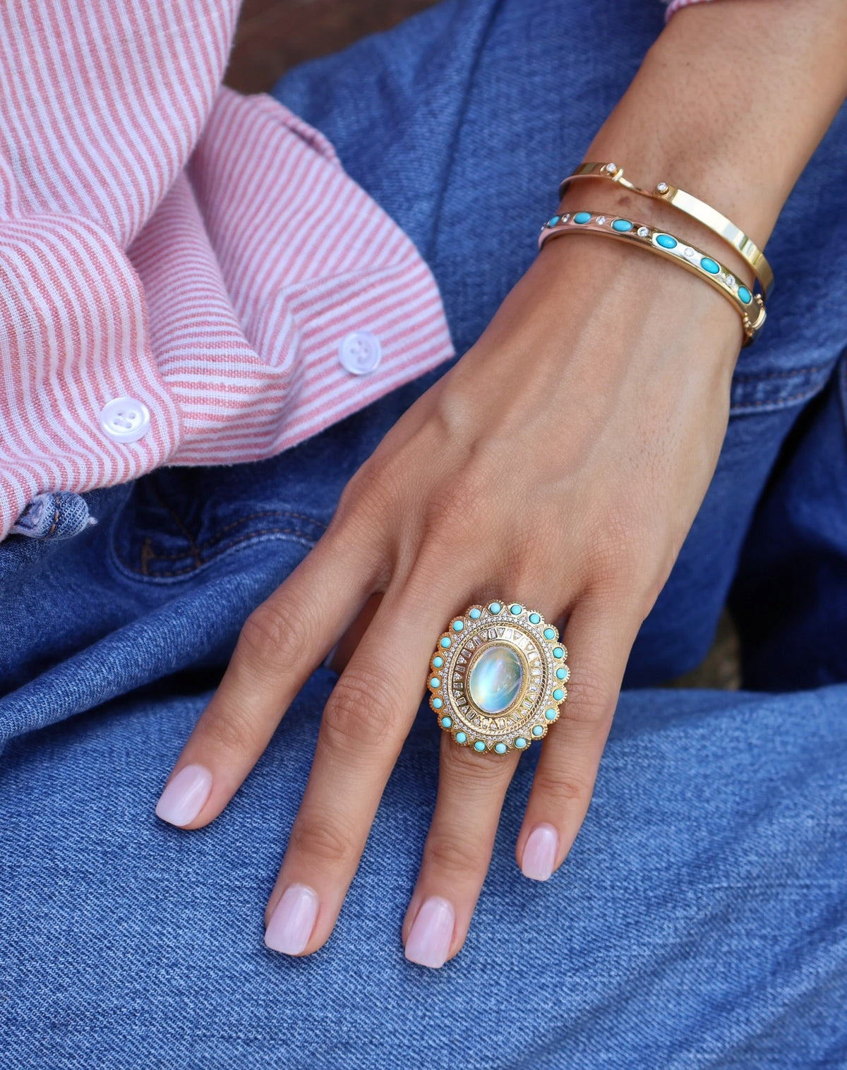 14k yellow gold oval cabochon turquoise and diamond bangle Tiny Gods 