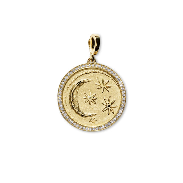 yellow gold pave crescent moon cosmic coin pendant azlee Tiny gods