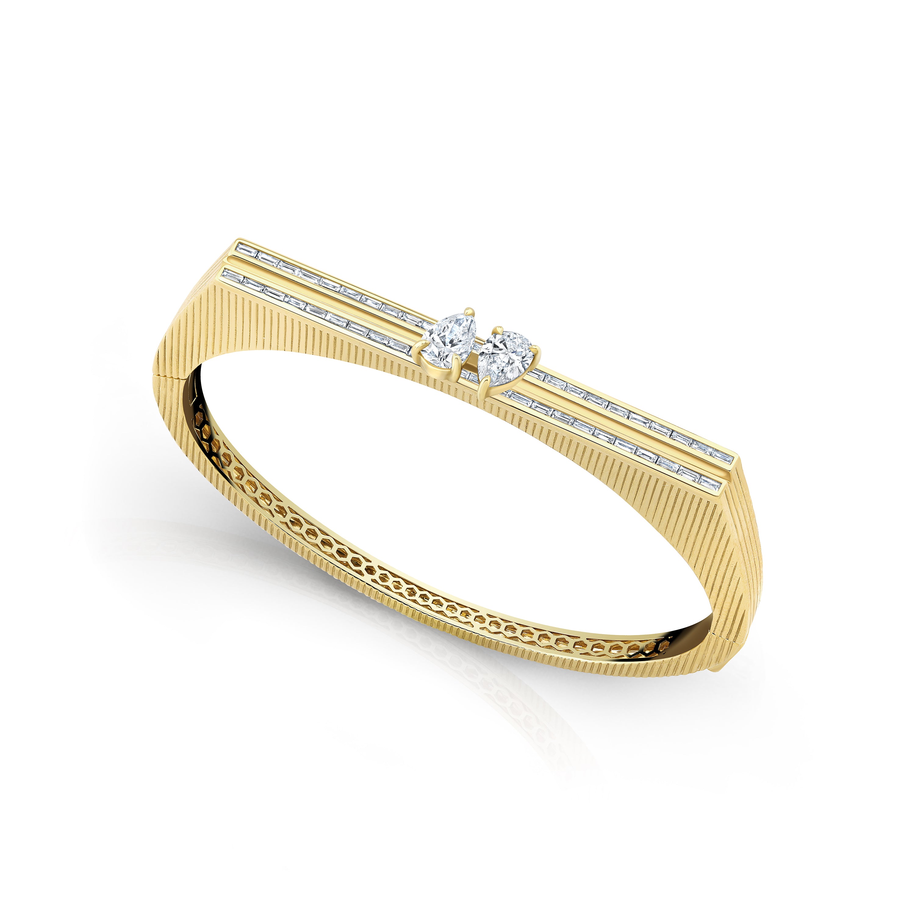 18k yellow gold double pear diamond blade cuff bracelet bangle with baguette diamonds by Loraida Tiny Gods 