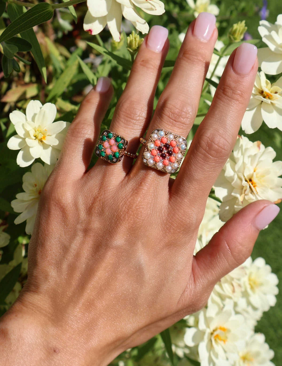 18k yellow gold pearl coral and red garnet diamond granny square ring agnes by Harwell Godfrey Tiny Gods 